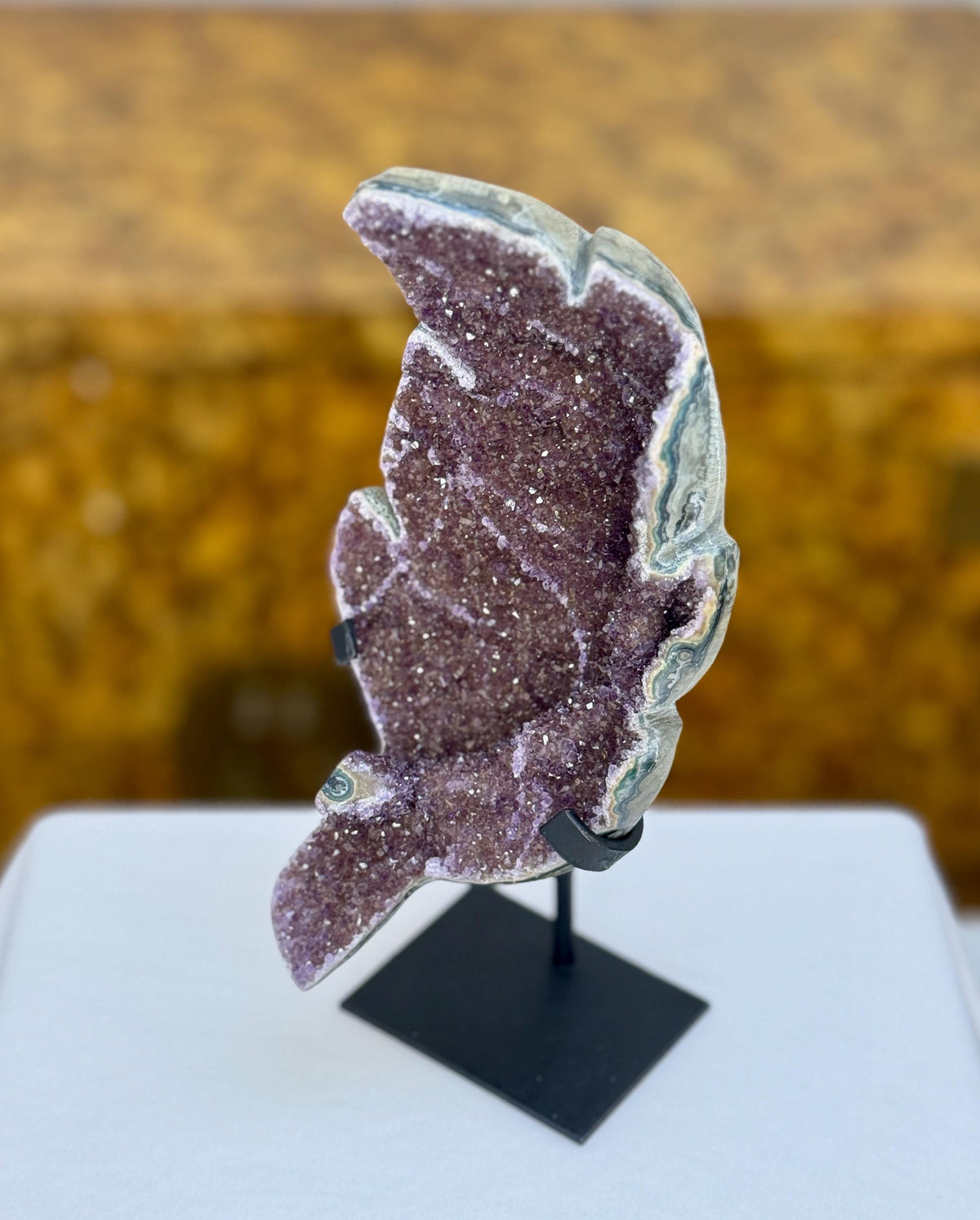 Amethyst Leaf Crystal on Stand, Red Jasper Edges, Home Decor