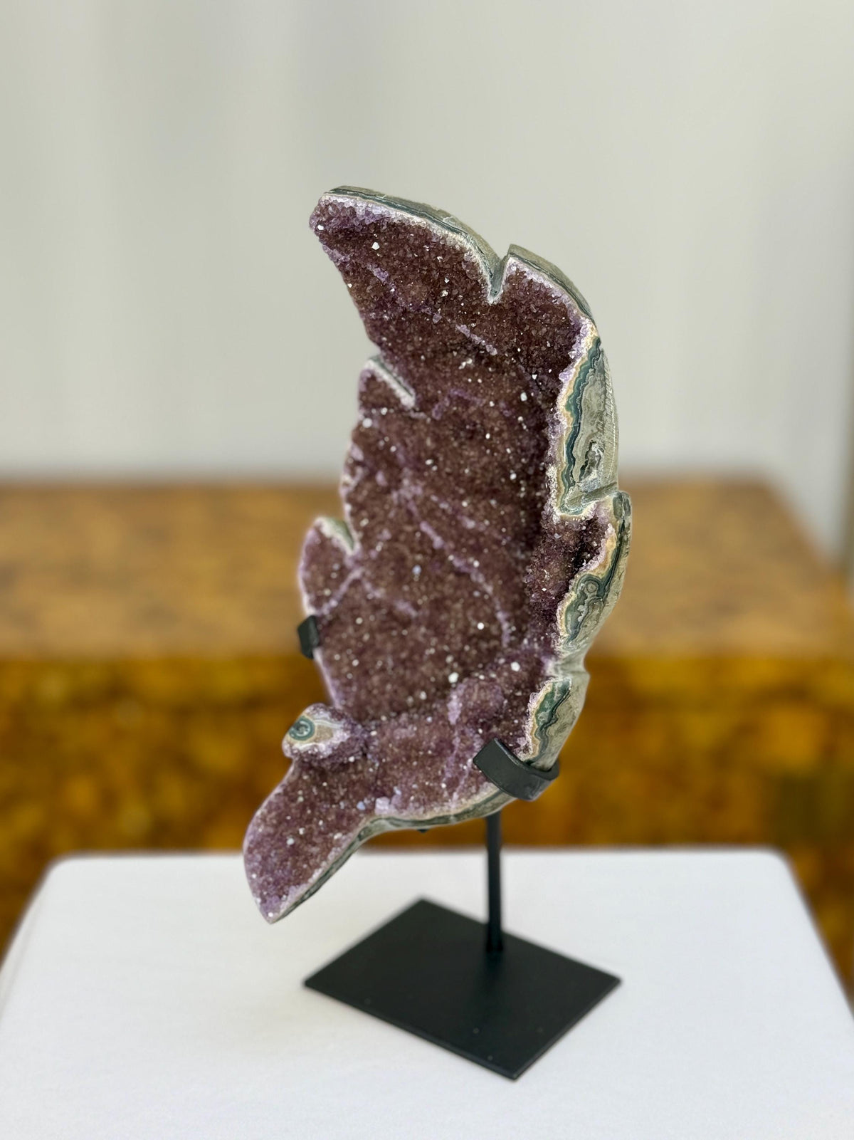 Amethyst Leaf Crystal on Stand, Red Jasper Edges, Home Decor