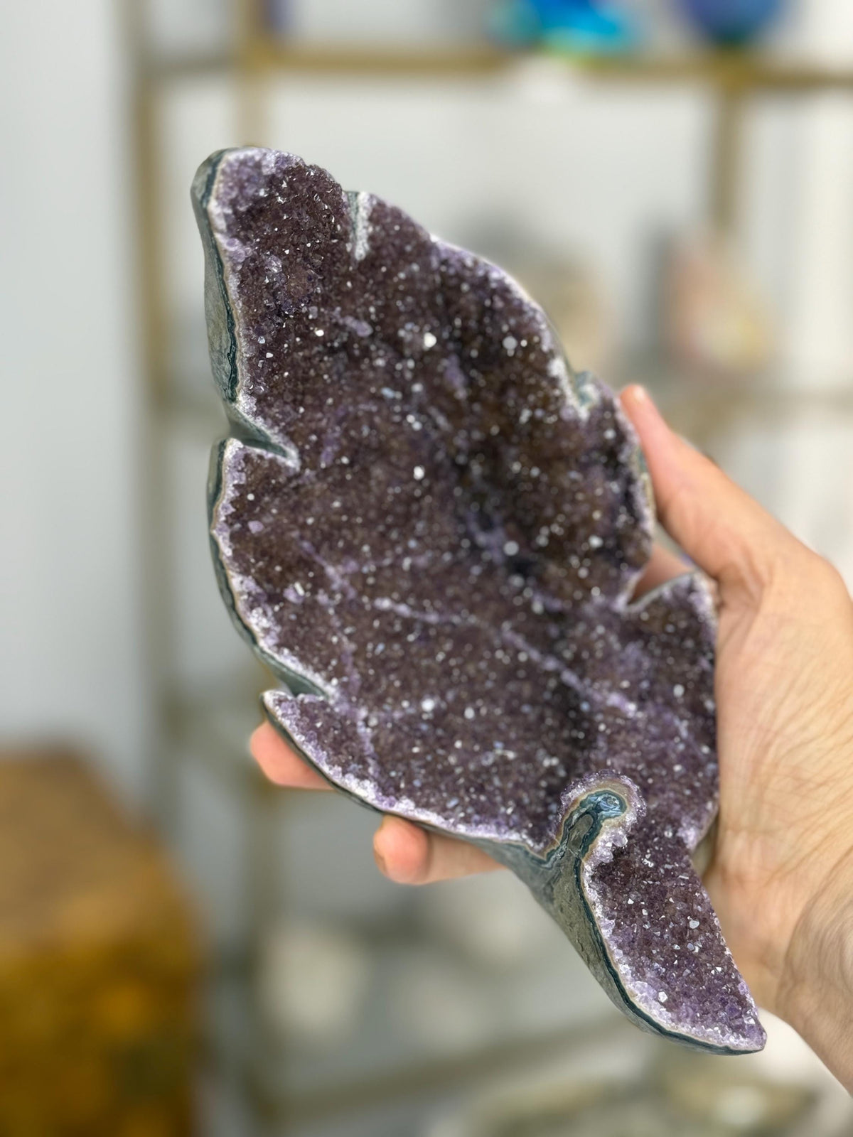 Amethyst Leaf Crystal on Stand, Red Jasper Edges, Home Decor