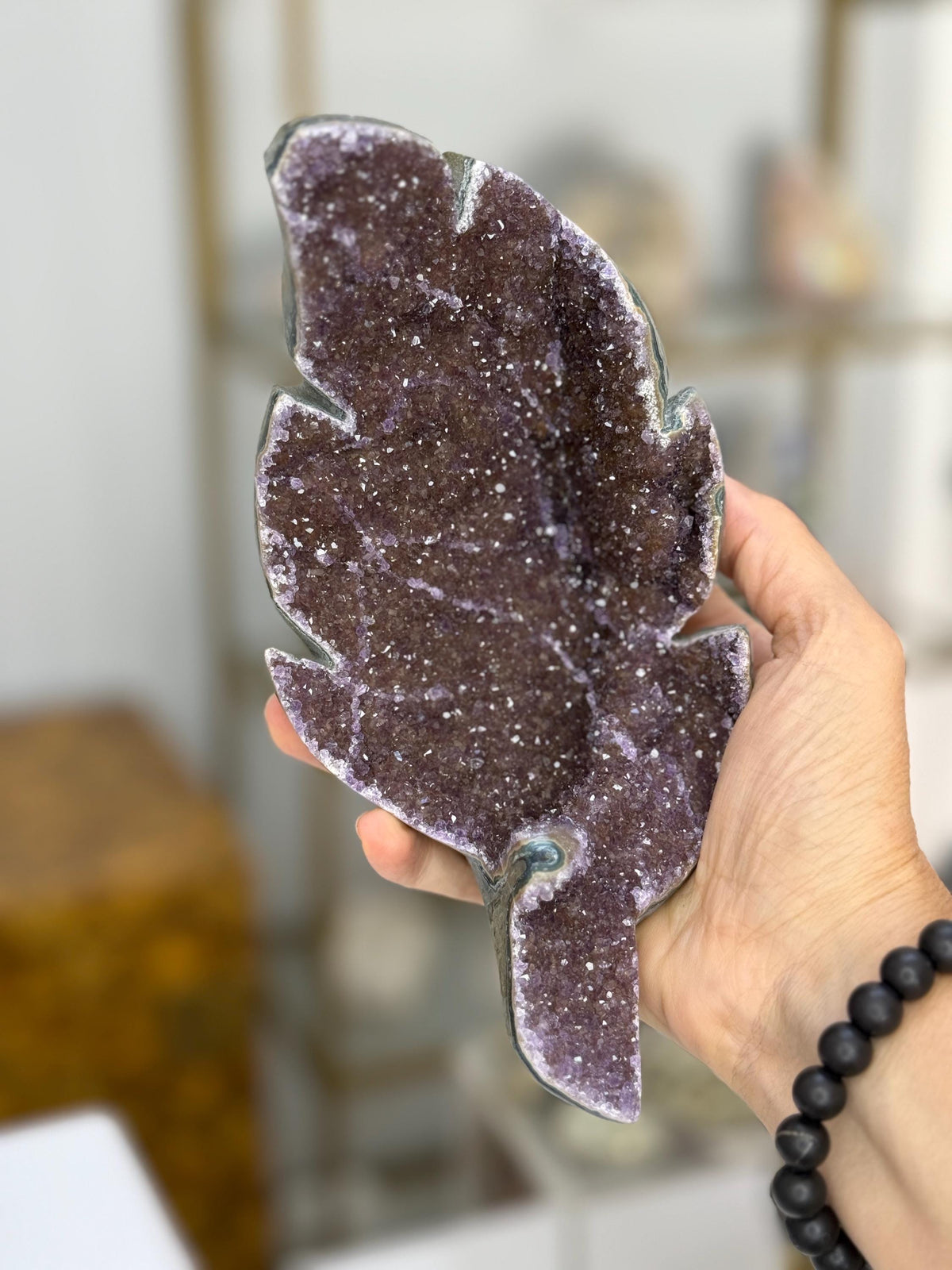 Amethyst Leaf Crystal on Stand, Red Jasper Edges, Home Decor