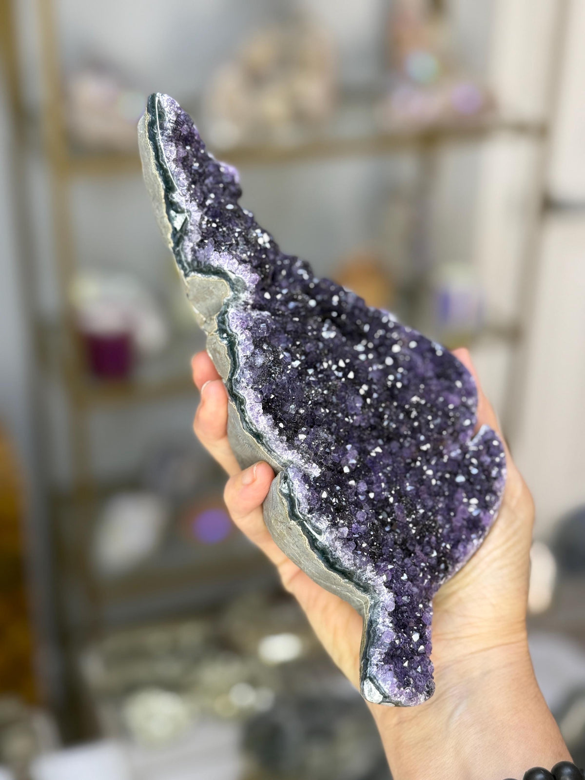 Amethyst Leaf Crystal on Stand: Polished Edges, Home Decor