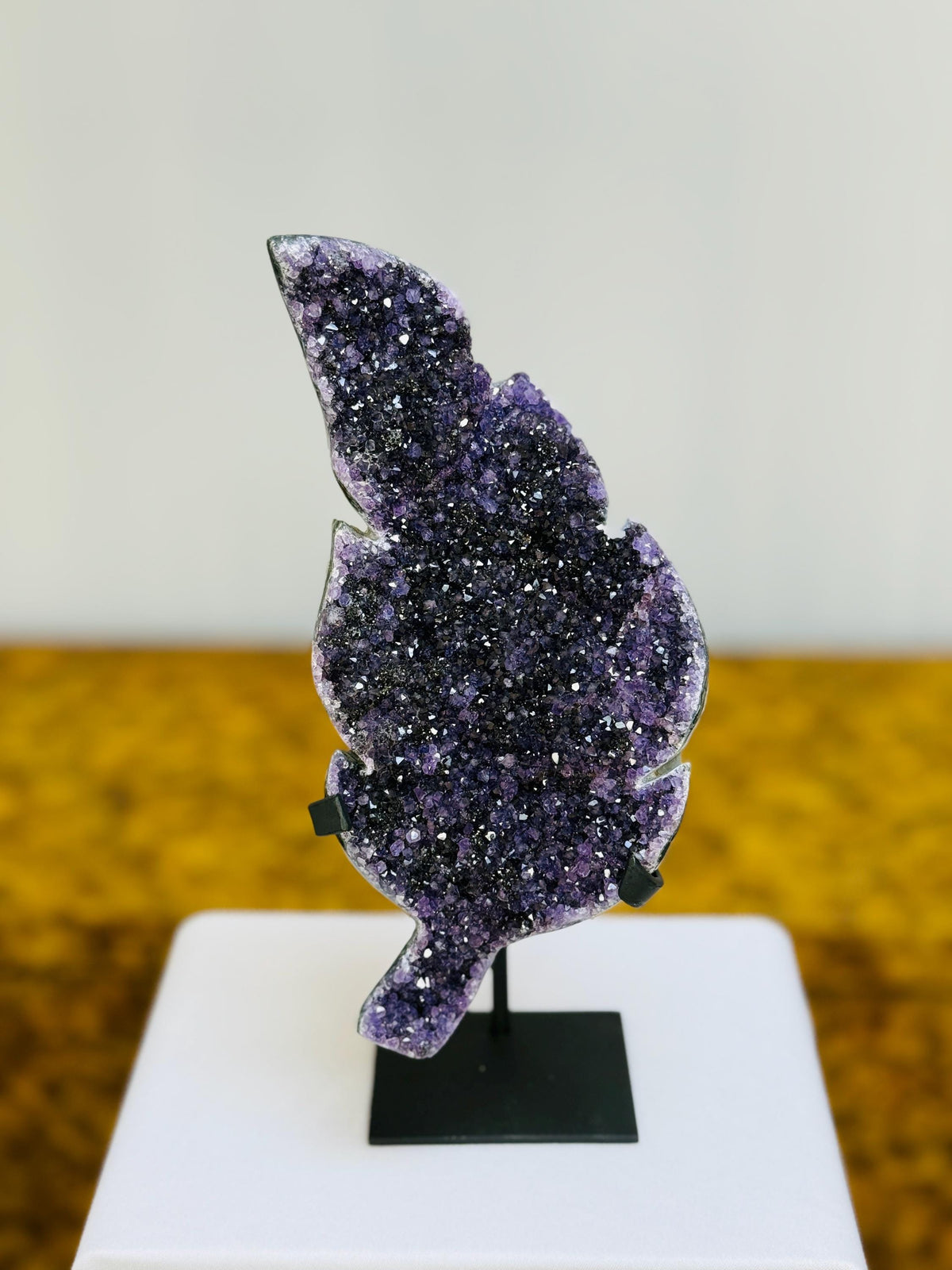 Amethyst Leaf Crystal on Stand: Polished Edges, Home Decor