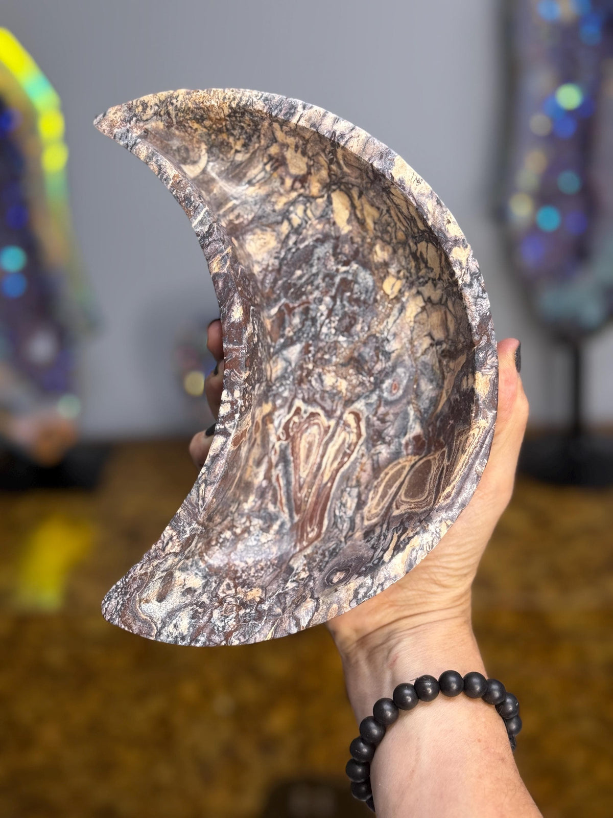 Large Batik Jasper Moon Bowl | Crescent Moon Crystal Dish | Healing Stone Decor | Boho Altar