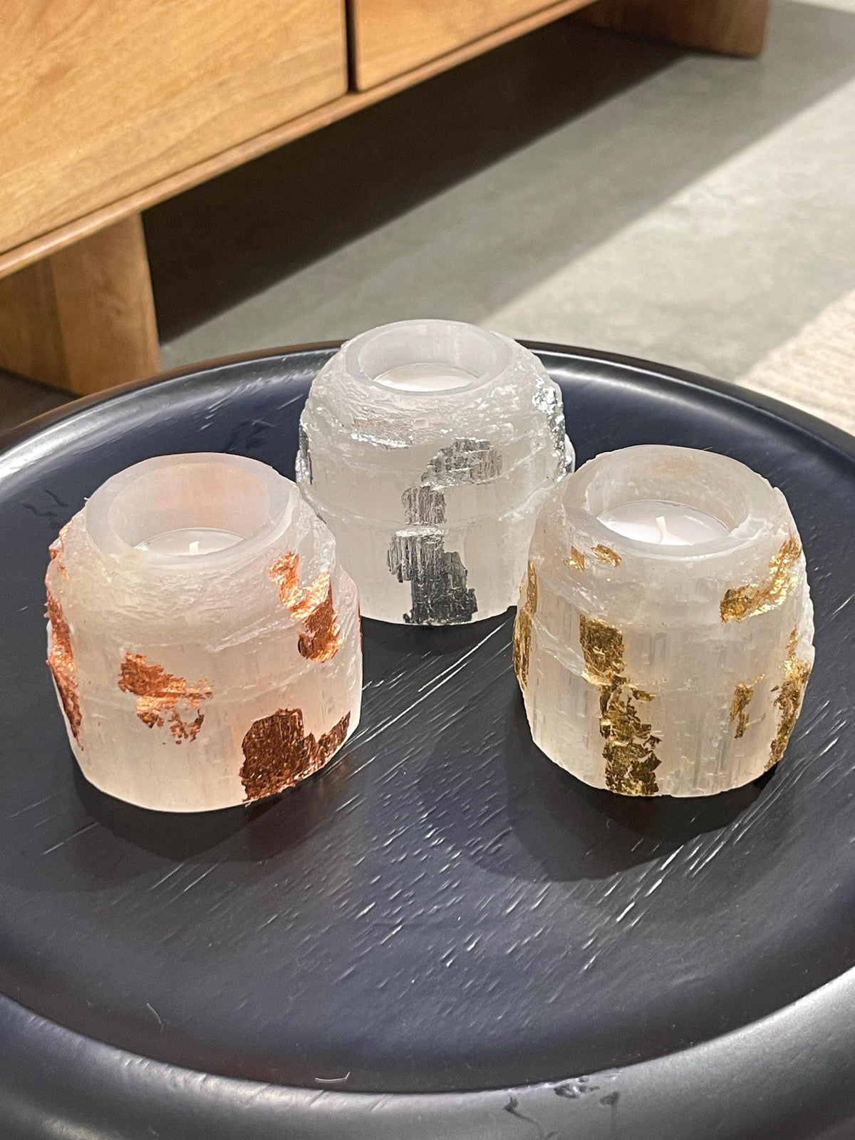 Luxury Gold Leaf Selenite Candle Holder, Holiday Table Decor Wedding Gift