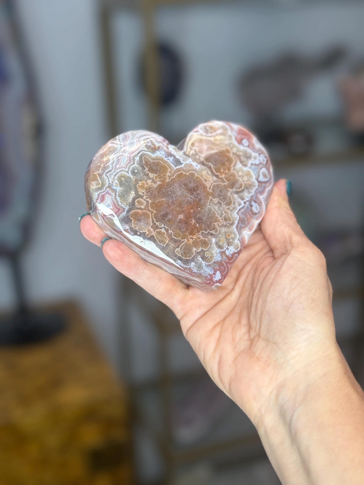 Crazy Lace Agate Heart with Amethyst, Self Standing Crystal Heart. Valentines Day Gift