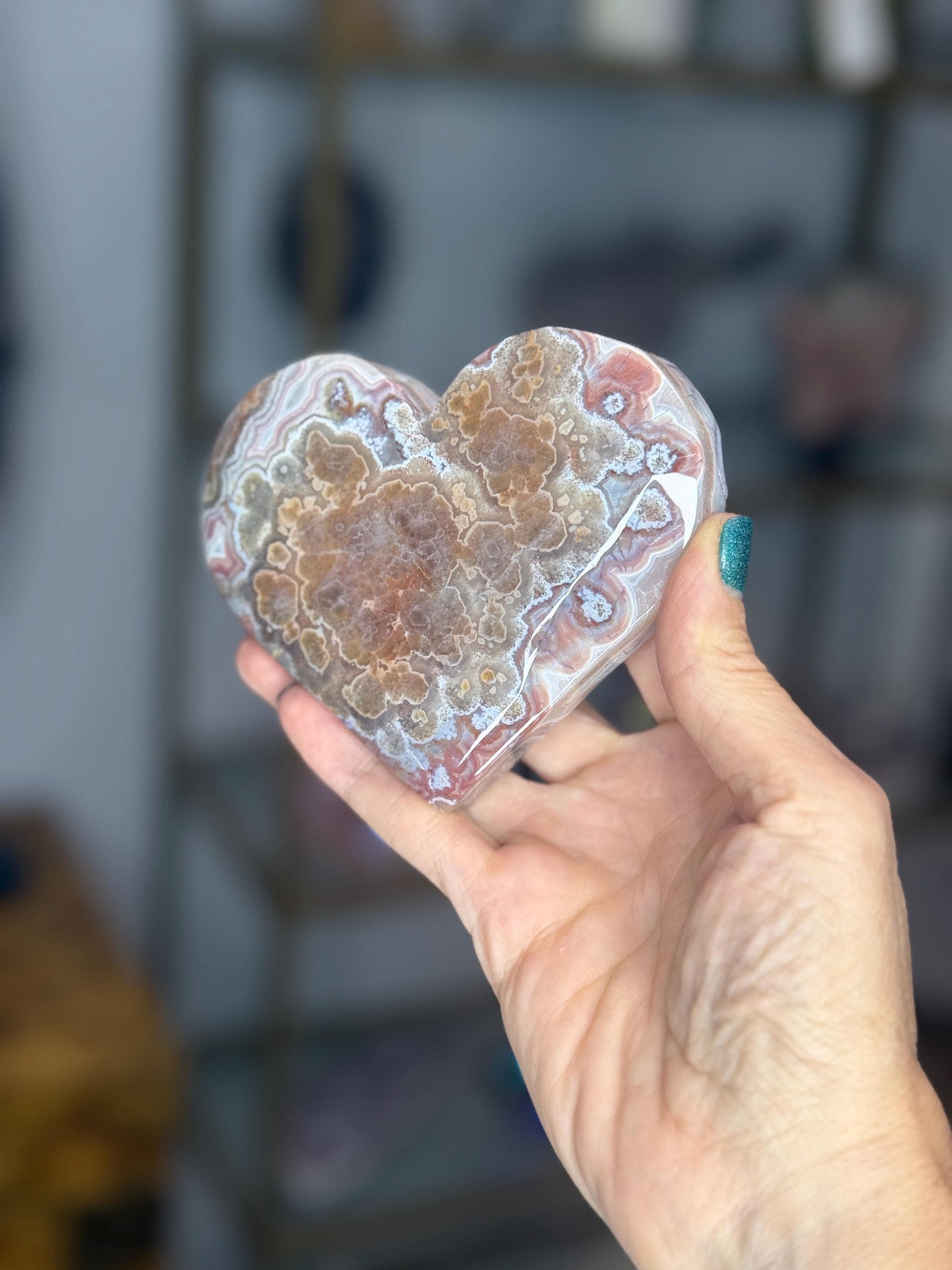 Crazy Lace Agate Heart with Amethyst, Self Standing Crystal Heart. Valentines Day Gift