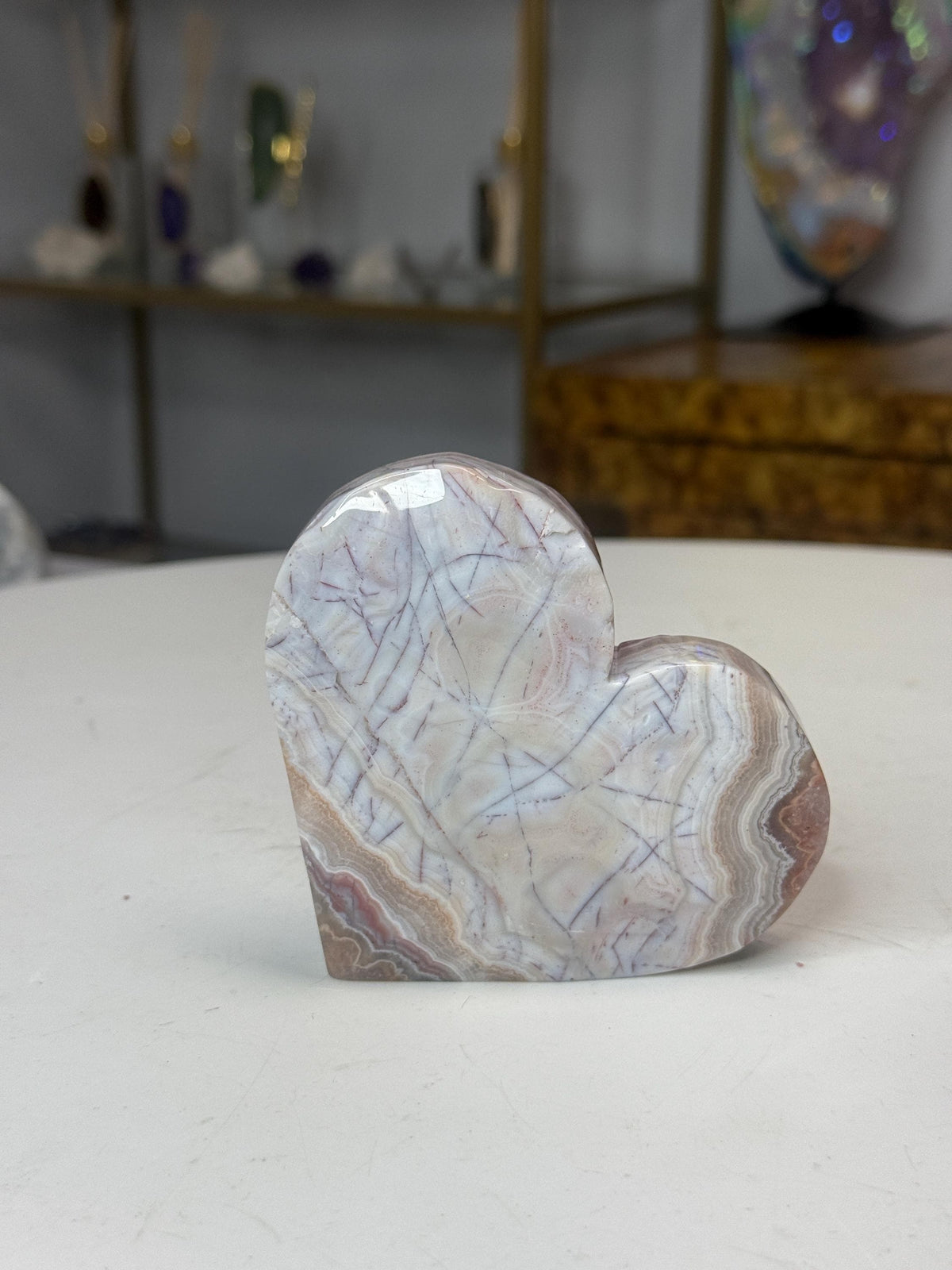 Crazy Lace Agate Heart with Amethyst, Self Standing Crystal Heart. Valentines Day Gift