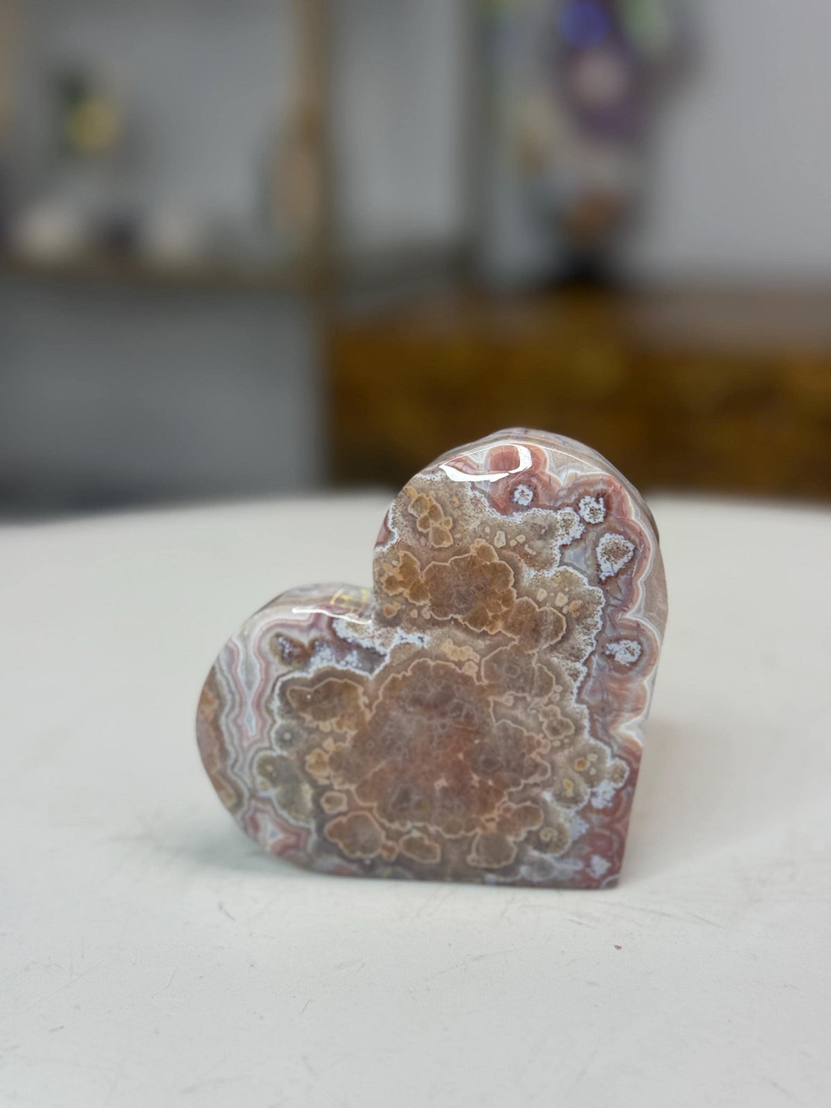 Crazy Lace Agate Heart with Amethyst, Self Standing Crystal Heart. Valentines Day Gift