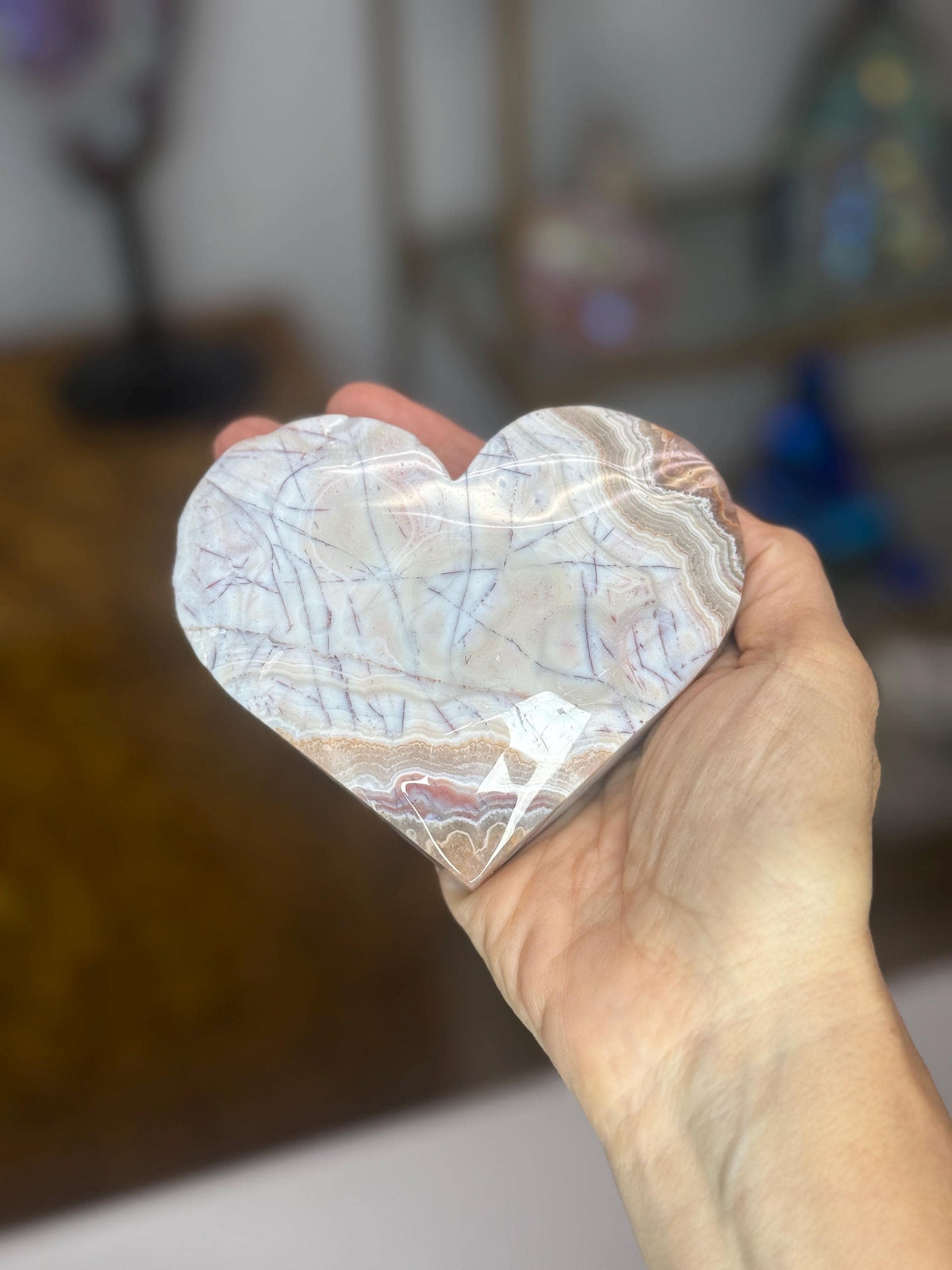 Crazy Lace Agate Heart with Amethyst, Self Standing Crystal Heart. Valentines Day Gift