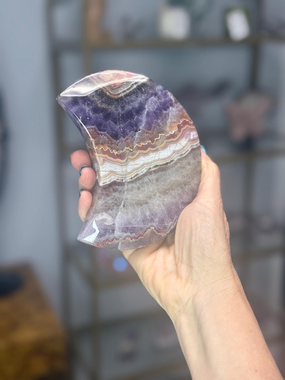 Amethyst & Crazy Lace Agate Moon, Crystal Crescent Moon Decor