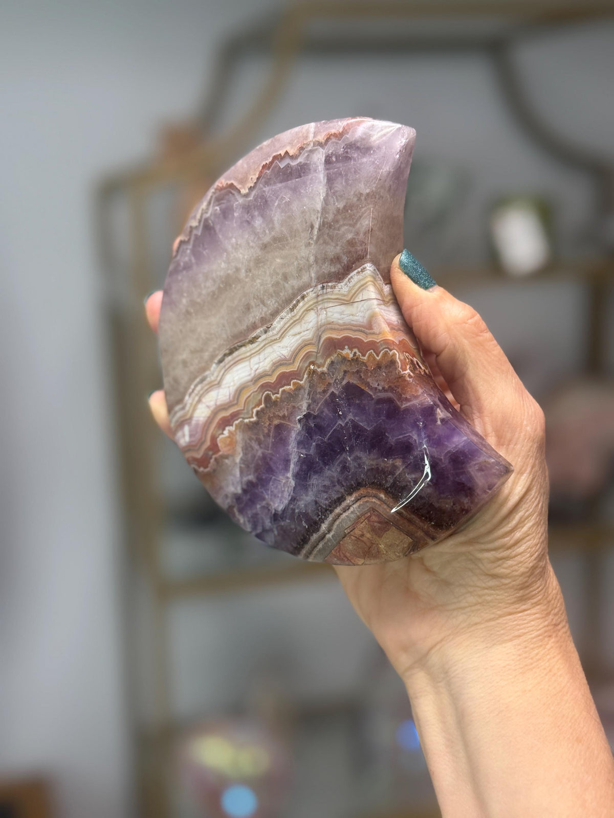 Amethyst & Crazy Lace Agate Moon, Crystal Crescent Moon Decor