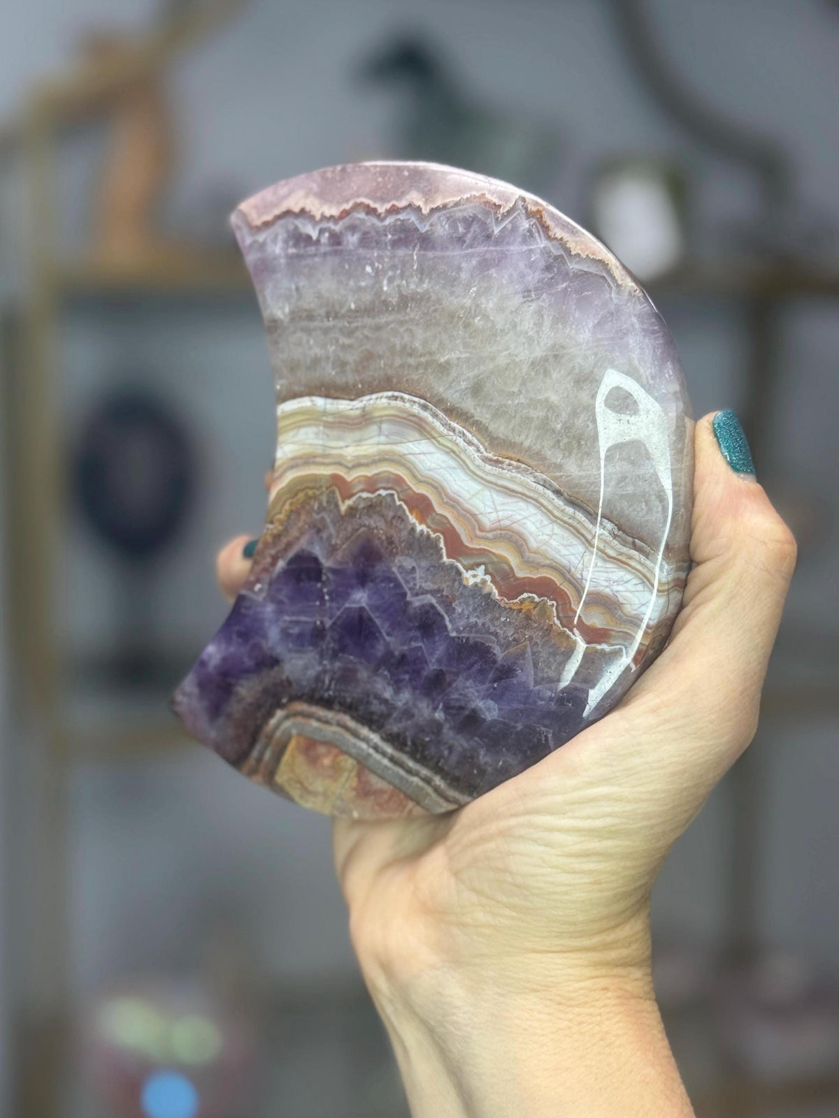 Amethyst & Crazy Lace Agate Moon, Crystal Crescent Moon Decor