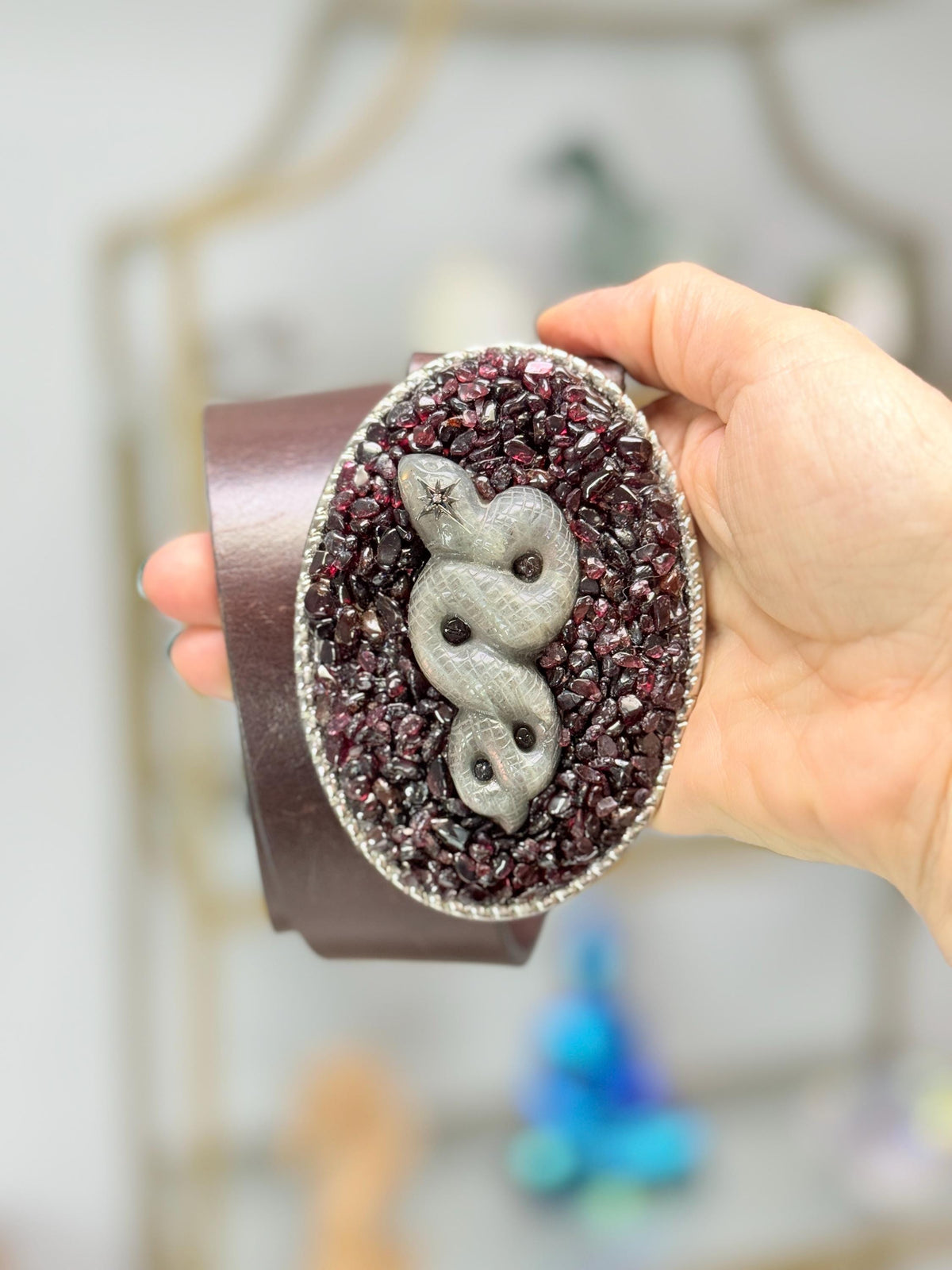 Garnet Labradorite Snake Belt Buckle with Diamond Eye – Statement Crystal Buckle – Luxury Mystic Western Accessory