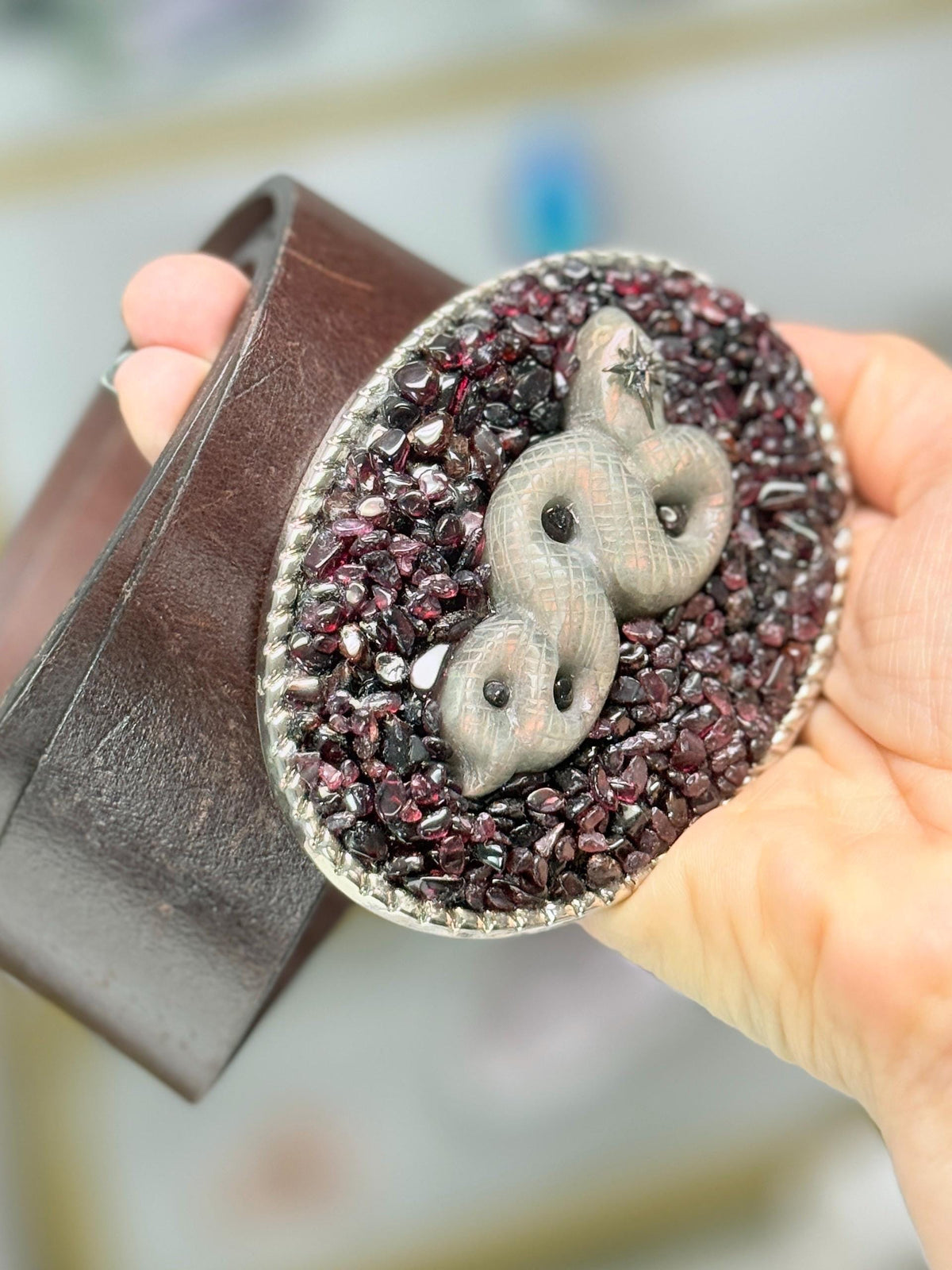 Garnet Labradorite Snake Belt Buckle with Diamond Eye – Statement Crystal Buckle – Luxury Mystic Western Accessory
