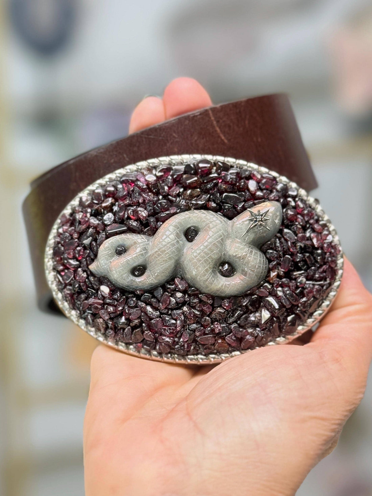 Garnet Labradorite Snake Belt Buckle with Diamond Eye – Statement Crystal Buckle – Luxury Mystic Western Accessory