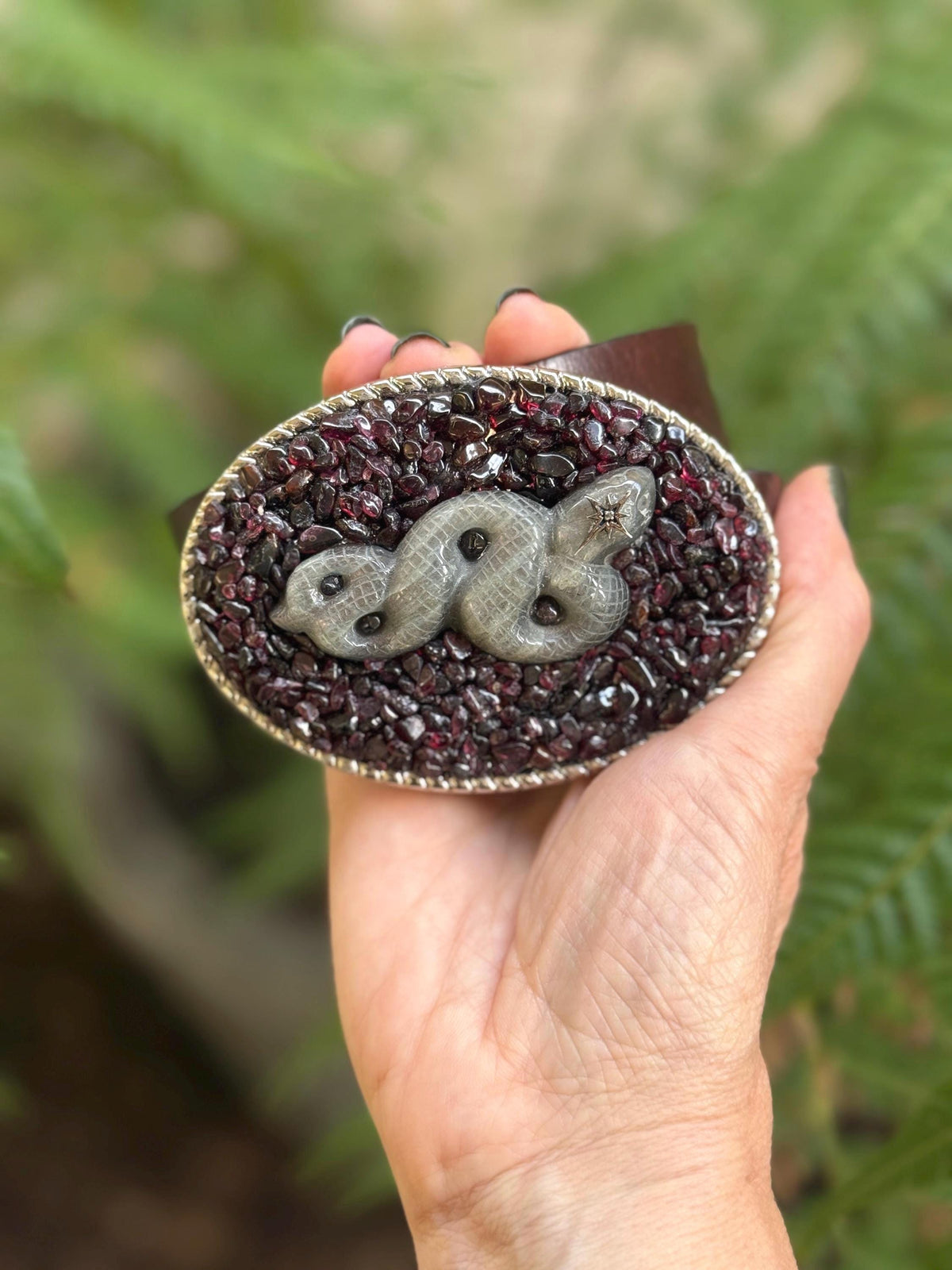 Garnet Labradorite Snake Belt Buckle with Diamond Eye – Statement Crystal Buckle – Luxury Mystic Western Accessory