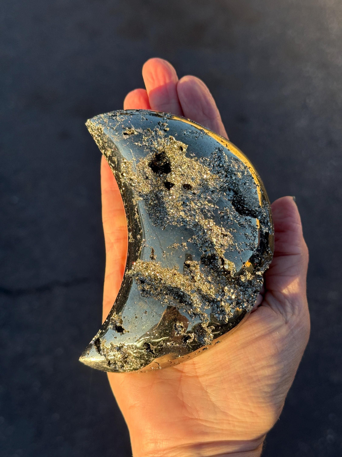 Pyrite Moon Crystal for Manifestation, Crescent Moon Celestial Crystal Decor, Prosperity Stone – Altar Decor