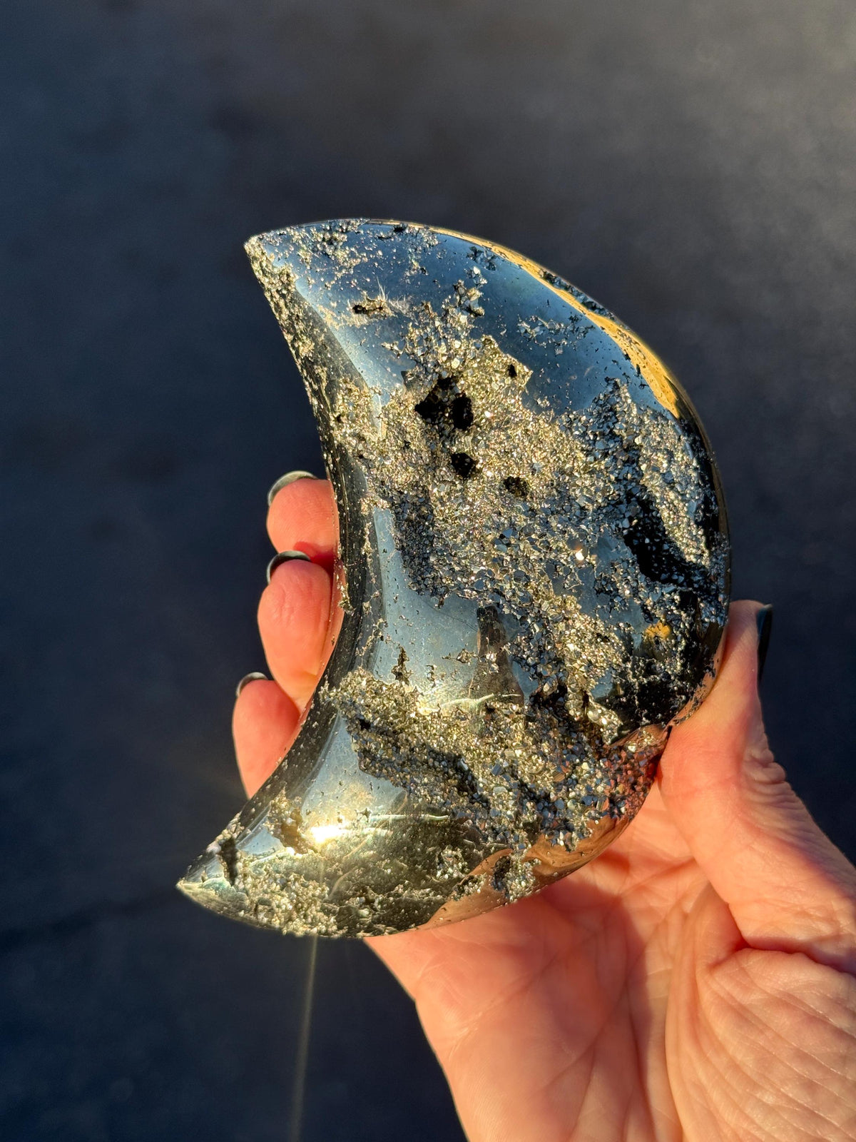 Pyrite Moon Crystal for Manifestation, Crescent Moon Celestial Crystal Decor, Prosperity Stone – Altar Decor