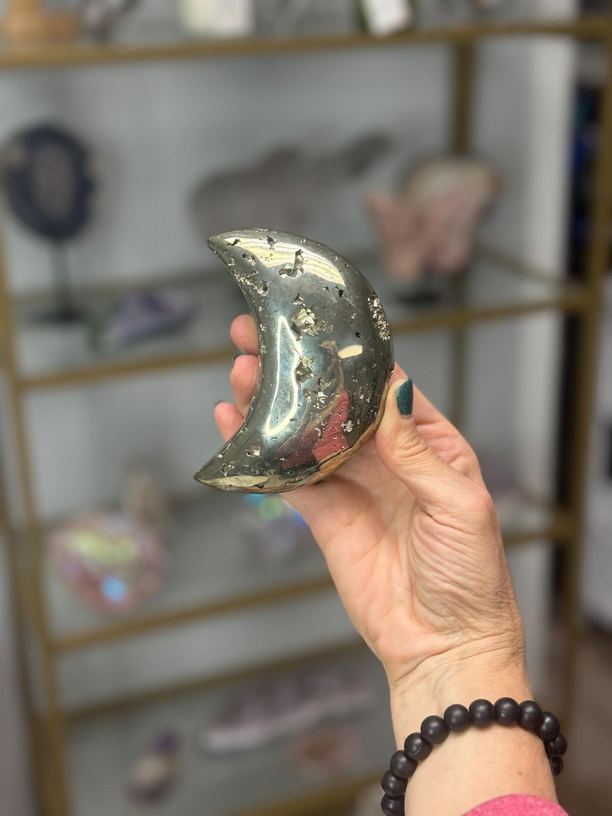 Pyrite Crescent Moon Carving: Abundance Crystal Decor