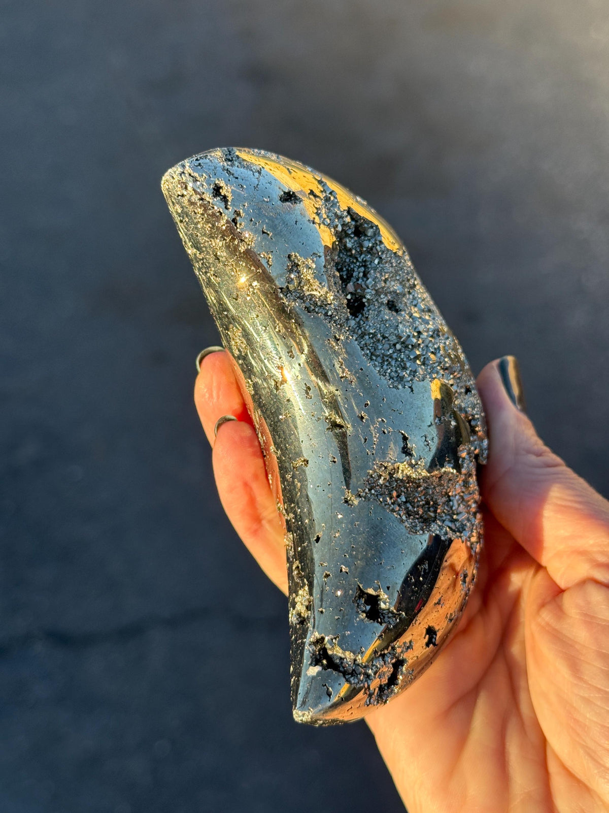 Pyrite Moon Crystal for Manifestation, Crescent Moon Celestial Crystal Decor, Prosperity Stone – Altar Decor