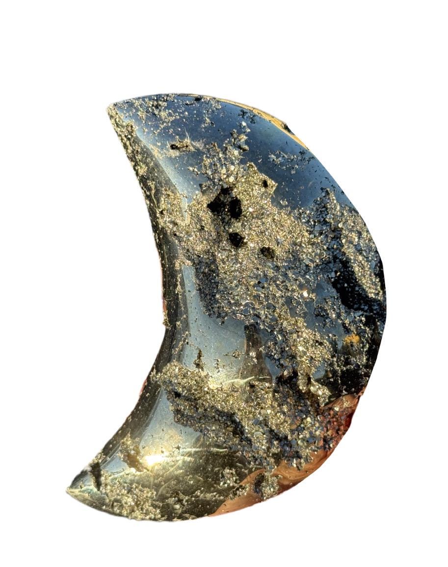 Pyrite Moon Crystal for Manifestation, Crescent Moon Celestial Crystal Decor, Prosperity Stone – Altar Decor