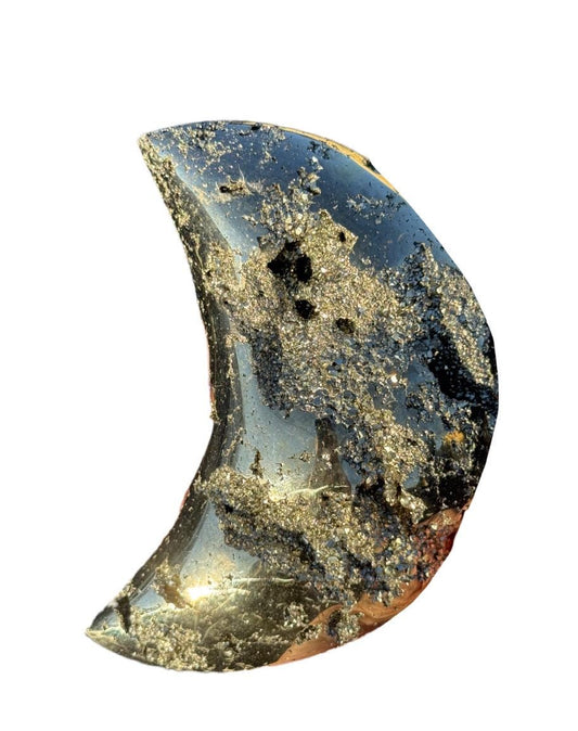 Pyrite Moon Crystal for Manifestation, Crescent Moon Celestial Crystal Decor, Prosperity Stone – Altar Decor