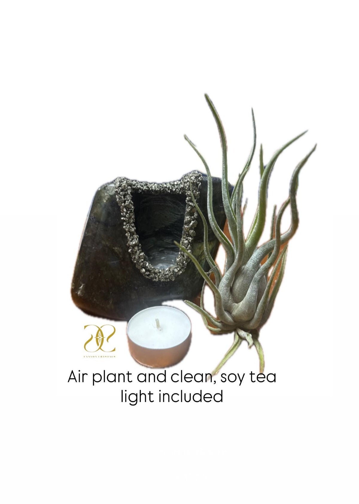 Labradorite & Pyrite Crystal Air Plant Holder, Tea Light Candle Holder – Dual Purpose Gemstone Decor for Home or Office