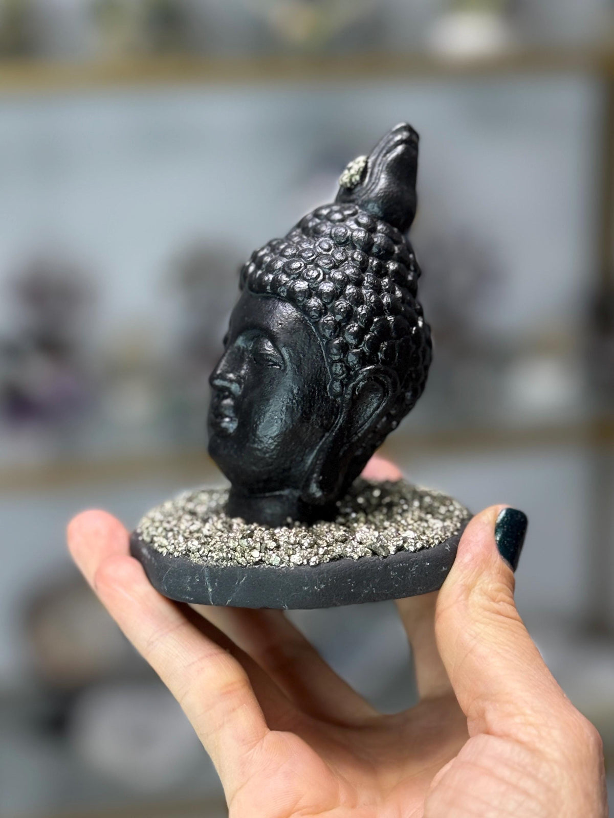 Custom Shungite Buddha Head with Pyrite, Pyrite Buddha Statue, EMF Protection, Luxury Crystal Home Decor, Buddha Carvings, Zen Yoga Studio