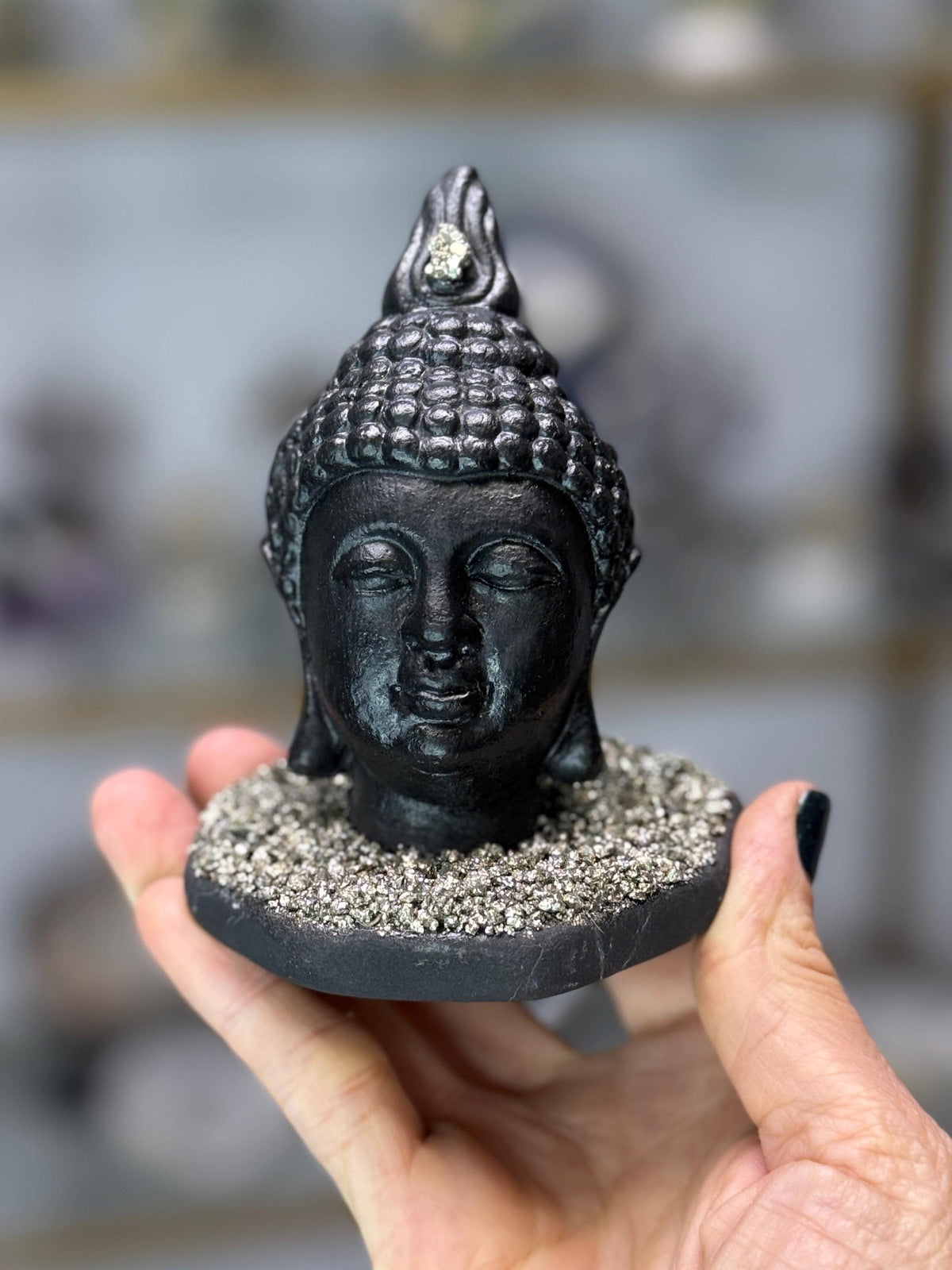 Custom Shungite Buddha Head with Pyrite, Pyrite Buddha Statue, EMF Protection, Luxury Crystal Home Decor, Buddha Carvings, Zen Yoga Studio