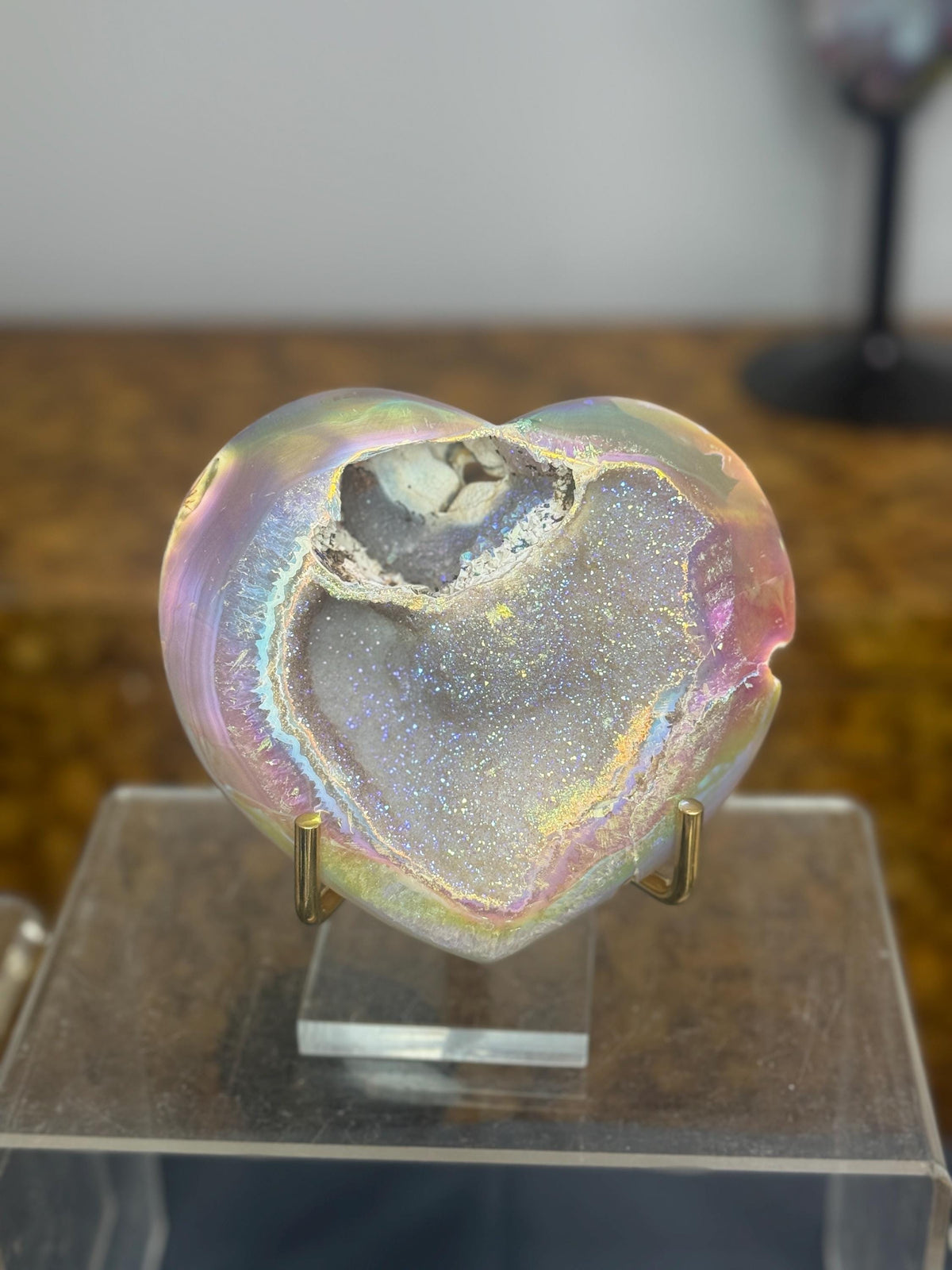 Angel Aura Druzy Agate Heart on Stand, Aura Crystal Heart Decor, High Frequency Aura Crystals