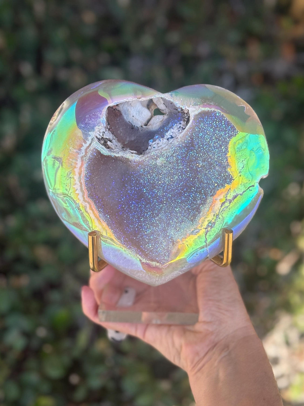 Angel Aura Druzy Agate Heart on Stand, Aura Crystal Heart Decor, High Frequency Aura Crystals
