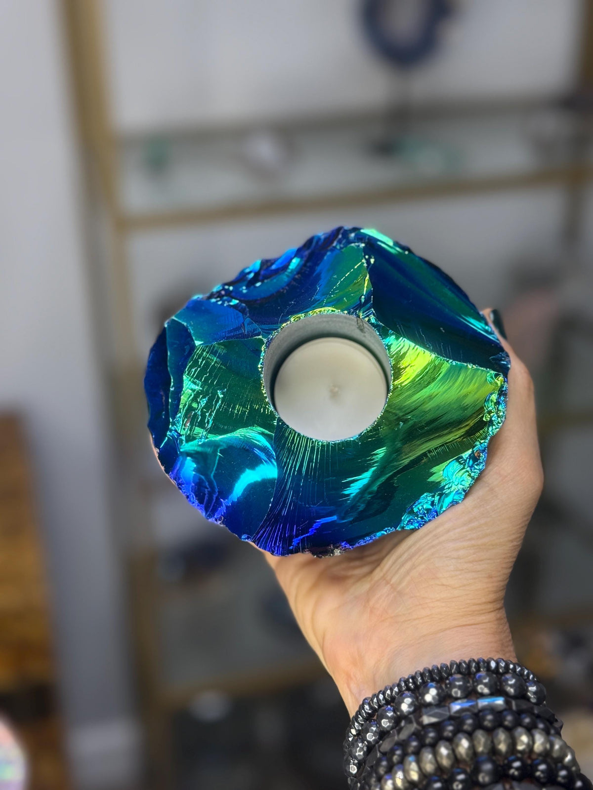 Angel Aura Obsidian Candle Holder, Iridescent Blue and Green Crystal Decor
