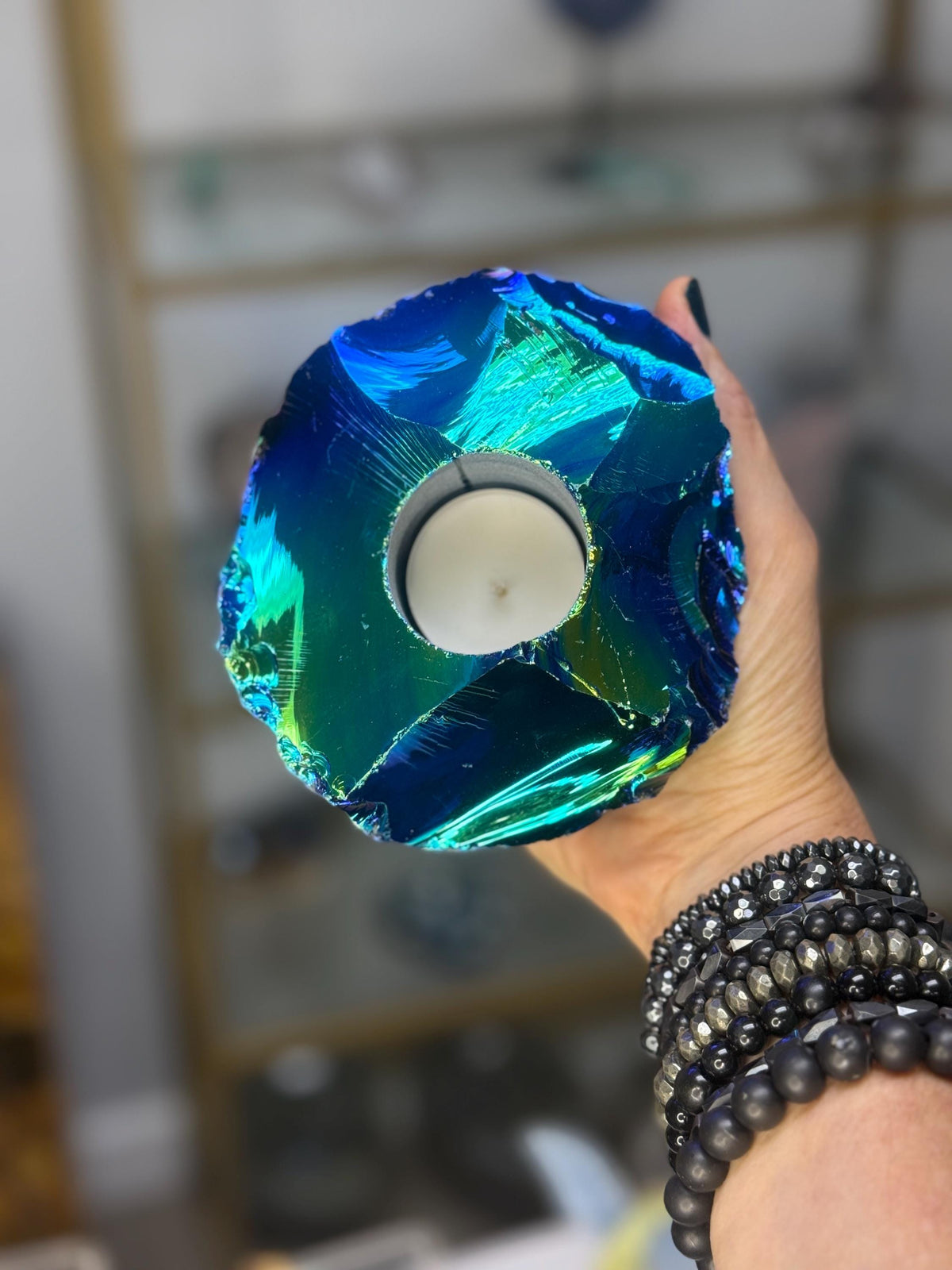 Angel Aura Obsidian Candle Holder, Iridescent Blue and Green Crystal Decor