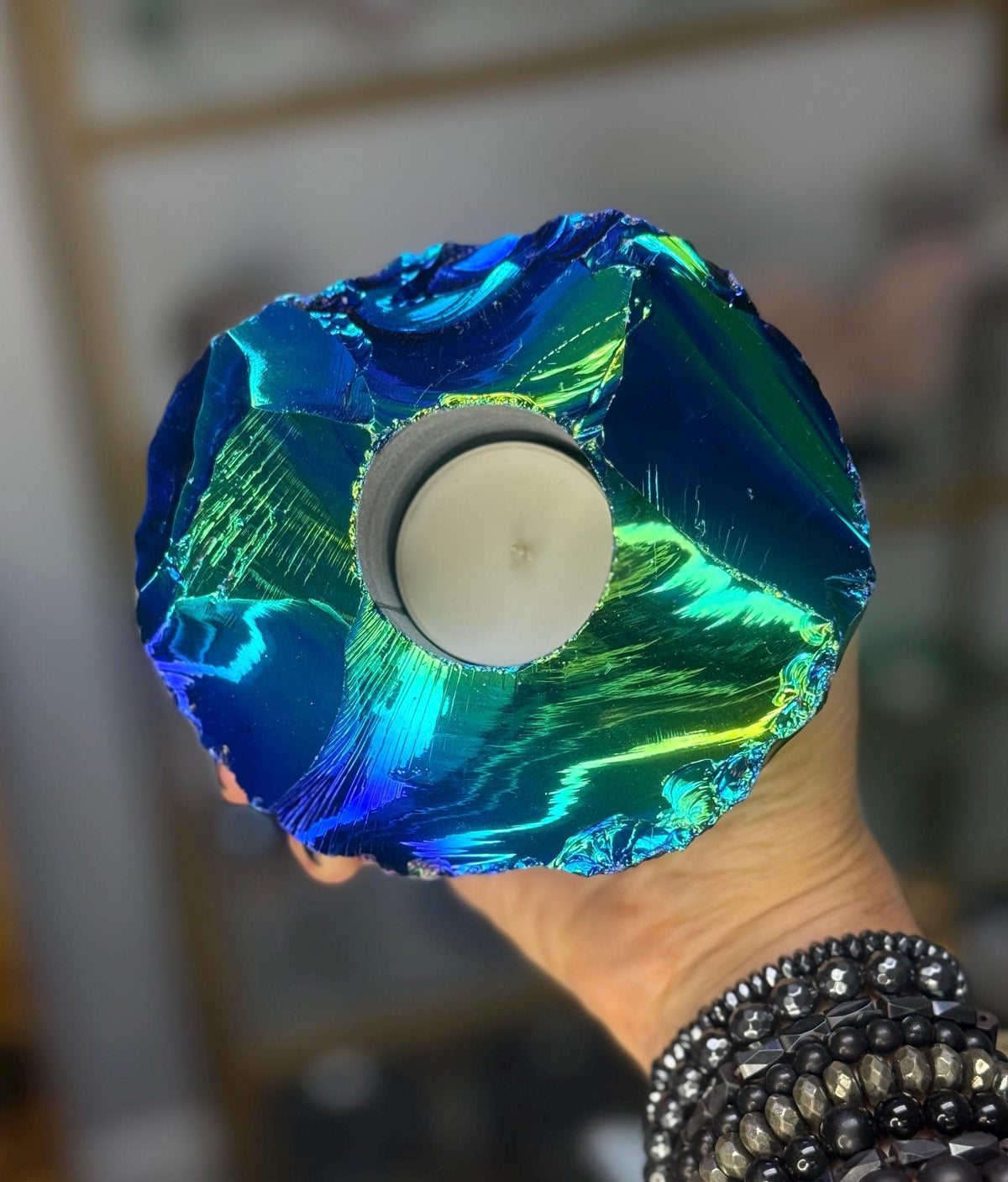 Angel Aura Obsidian Candle Holder, Iridescent Blue and Green Crystal Decor