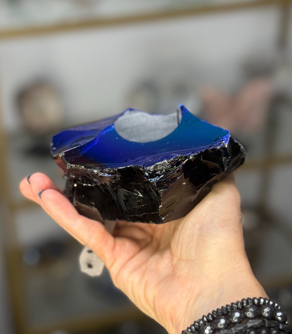 Angel Aura Obsidian Candle Holder, Iridescent Blue and Green Crystal Decor
