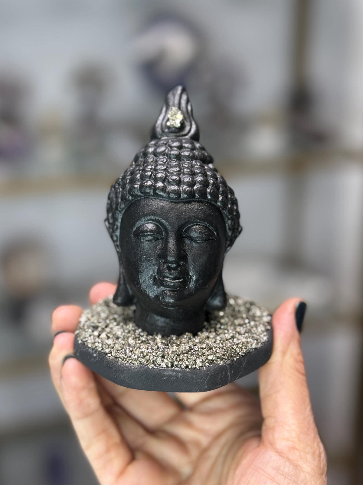 Custom Shungite Buddha Head with Pyrite, Pyrite Buddha Statue, EMF Protection, Luxury Crystal Home Decor, Buddha Carvings, Zen Yoga Studio