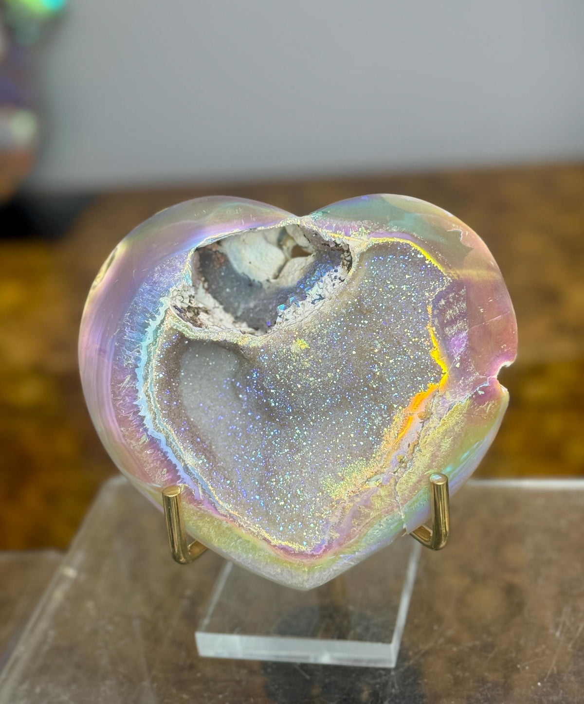 Angel Aura Druzy Agate Heart on Stand, Aura Crystal Heart Decor, High Frequency Aura Crystals