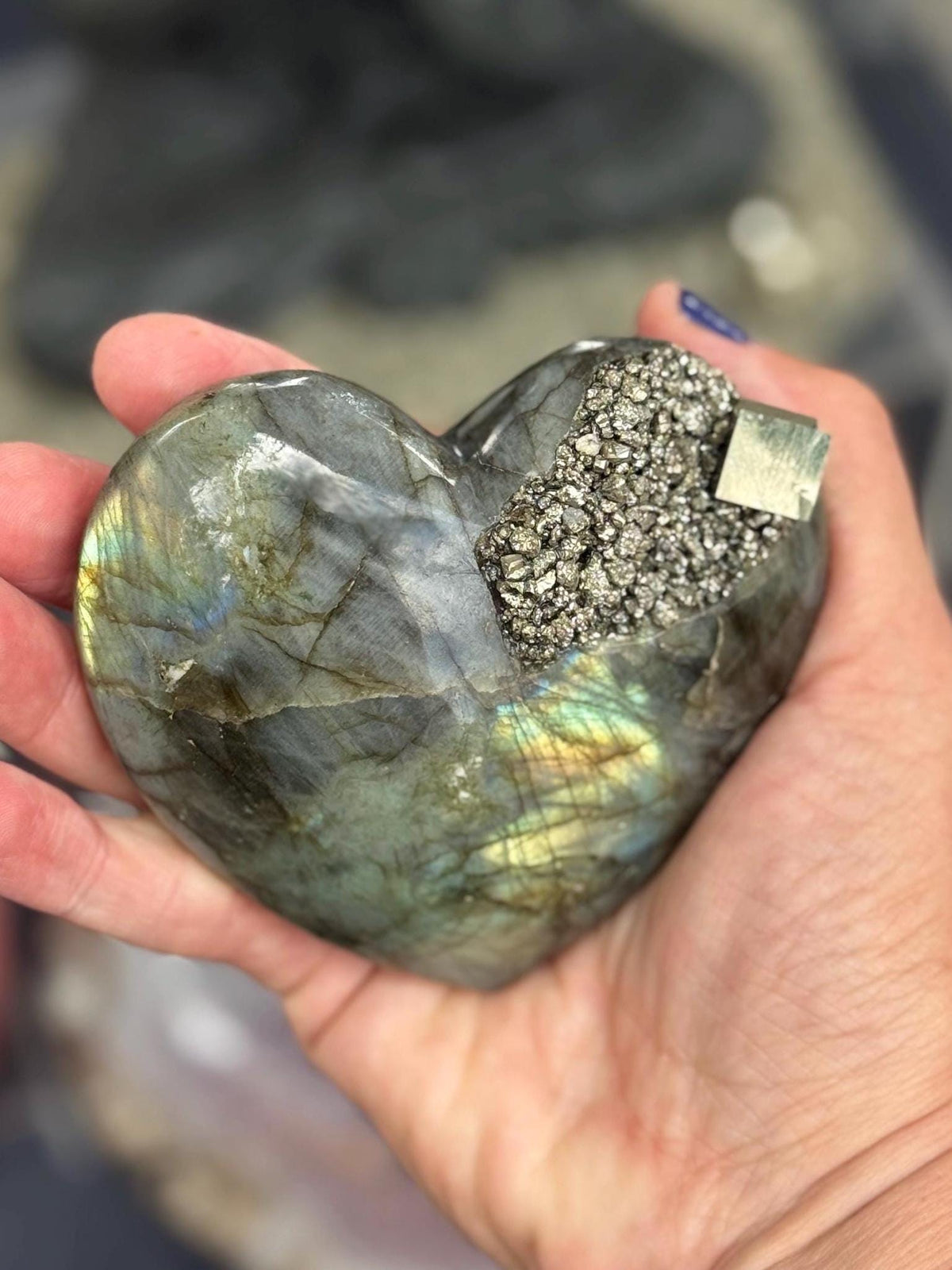 Flashy Labradorite Heart with Pyrite on Stand | One of a Kind Crystal Heart | Healing Crystal Decor | Manifestation Stone Gift