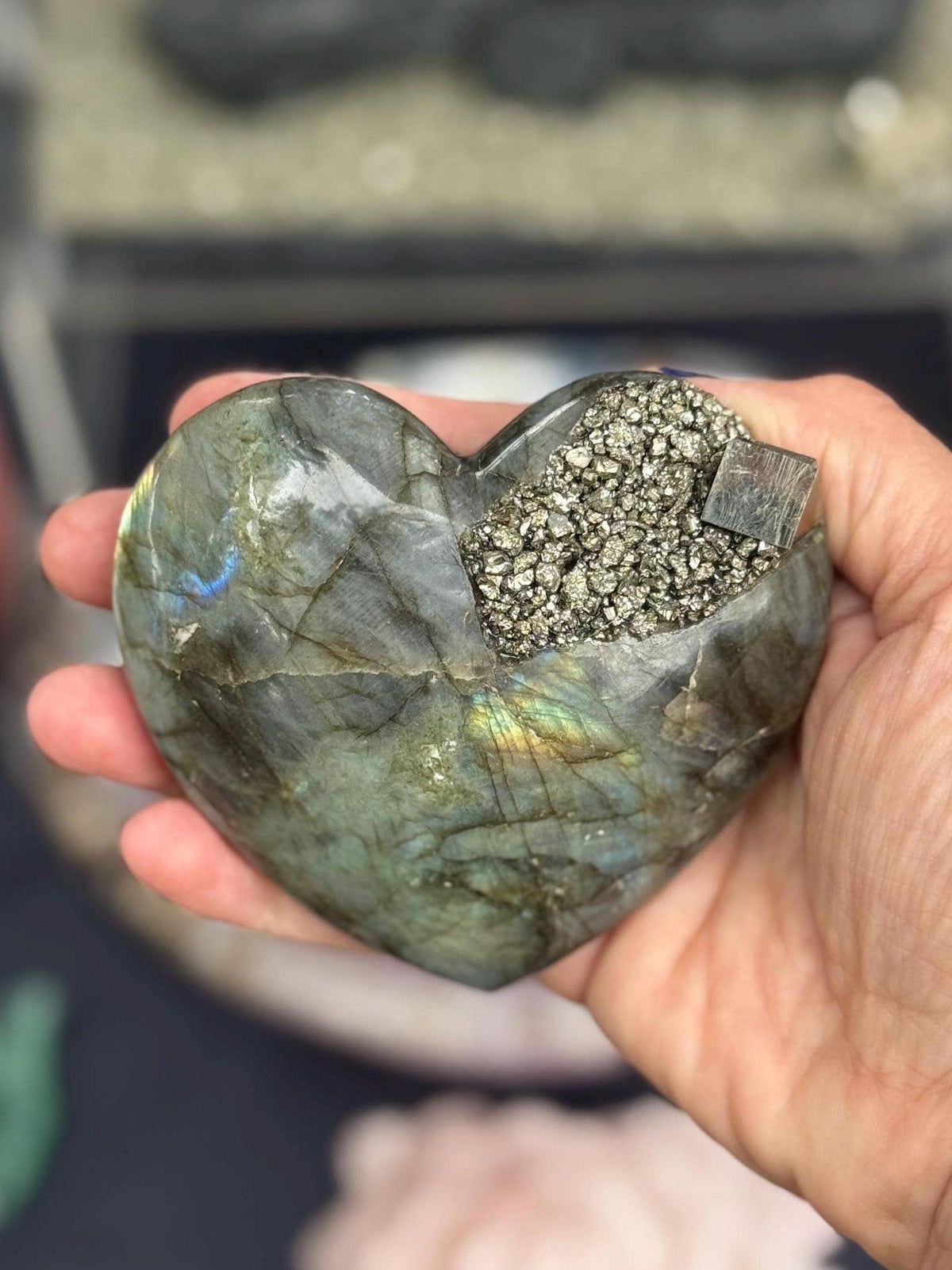 Flashy Labradorite Heart with Pyrite on Stand | One of a Kind Crystal Heart | Healing Crystal Decor | Manifestation Stone Gift