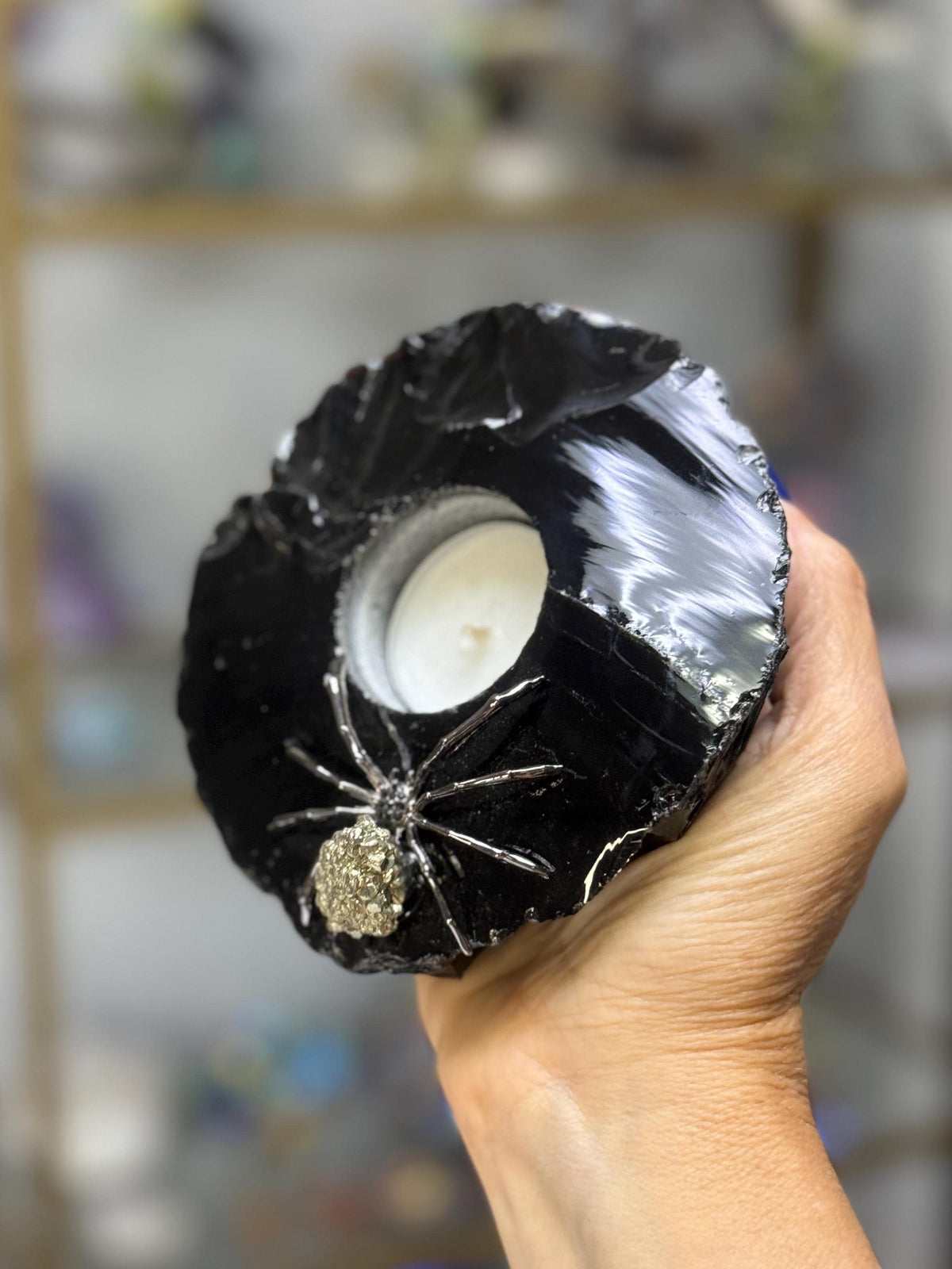 Obsidian Candle Holder with Pyrite Spider | Gothic Crystal Decor | Black Obsidian Tea Light Holder | Halloween Decor | Witchy Gift