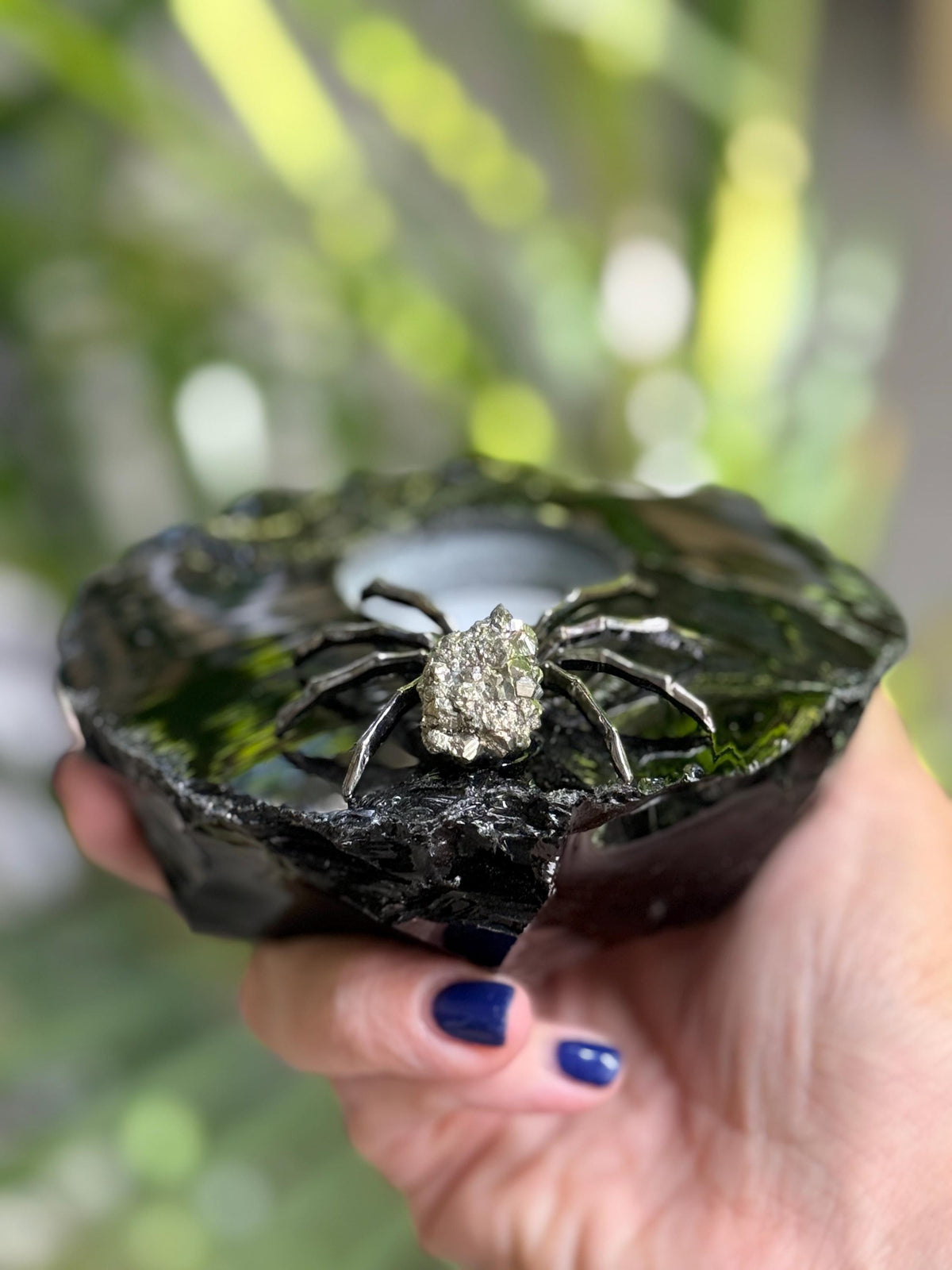 Obsidian Candle Holder with Pyrite Spider | Gothic Crystal Decor | Black Obsidian Tea Light Holder | Halloween Decor | Witchy Gift