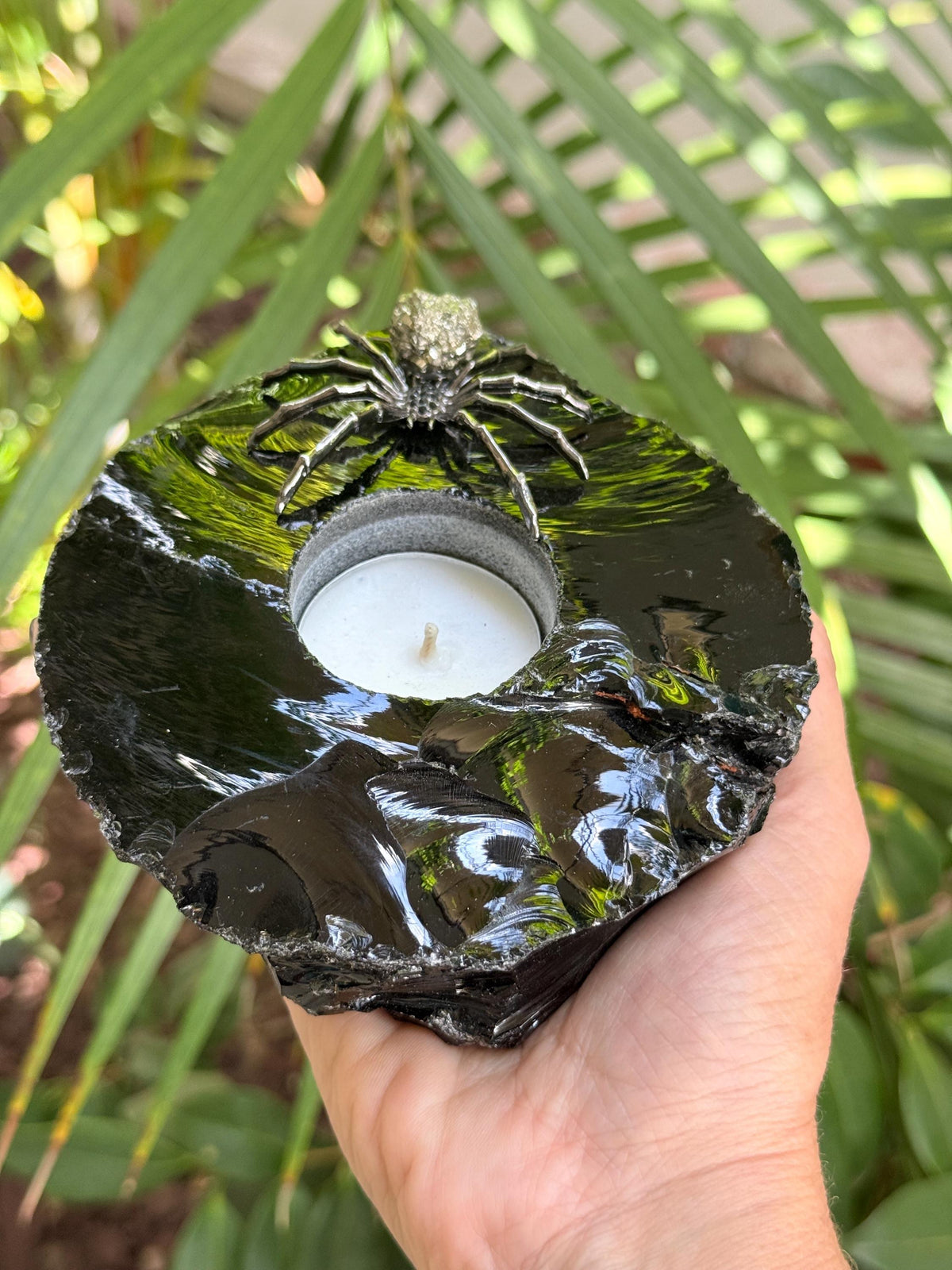 Obsidian Candle Holder with Pyrite Spider | Gothic Crystal Decor | Black Obsidian Tea Light Holder | Halloween Decor | Witchy Gift