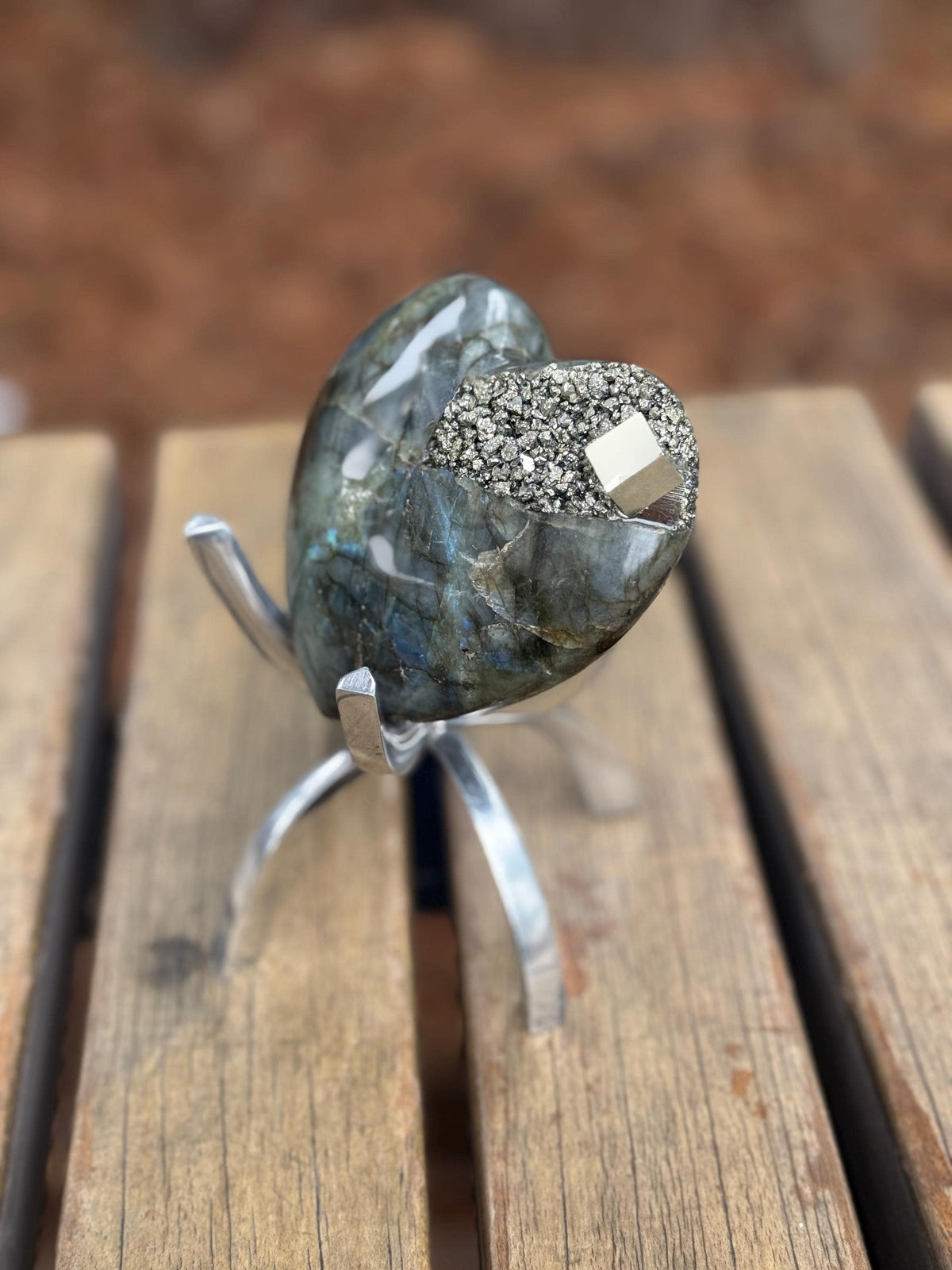 Flashy Labradorite Heart with Pyrite on Stand | One of a Kind Crystal Heart | Healing Crystal Decor | Manifestation Stone Gift