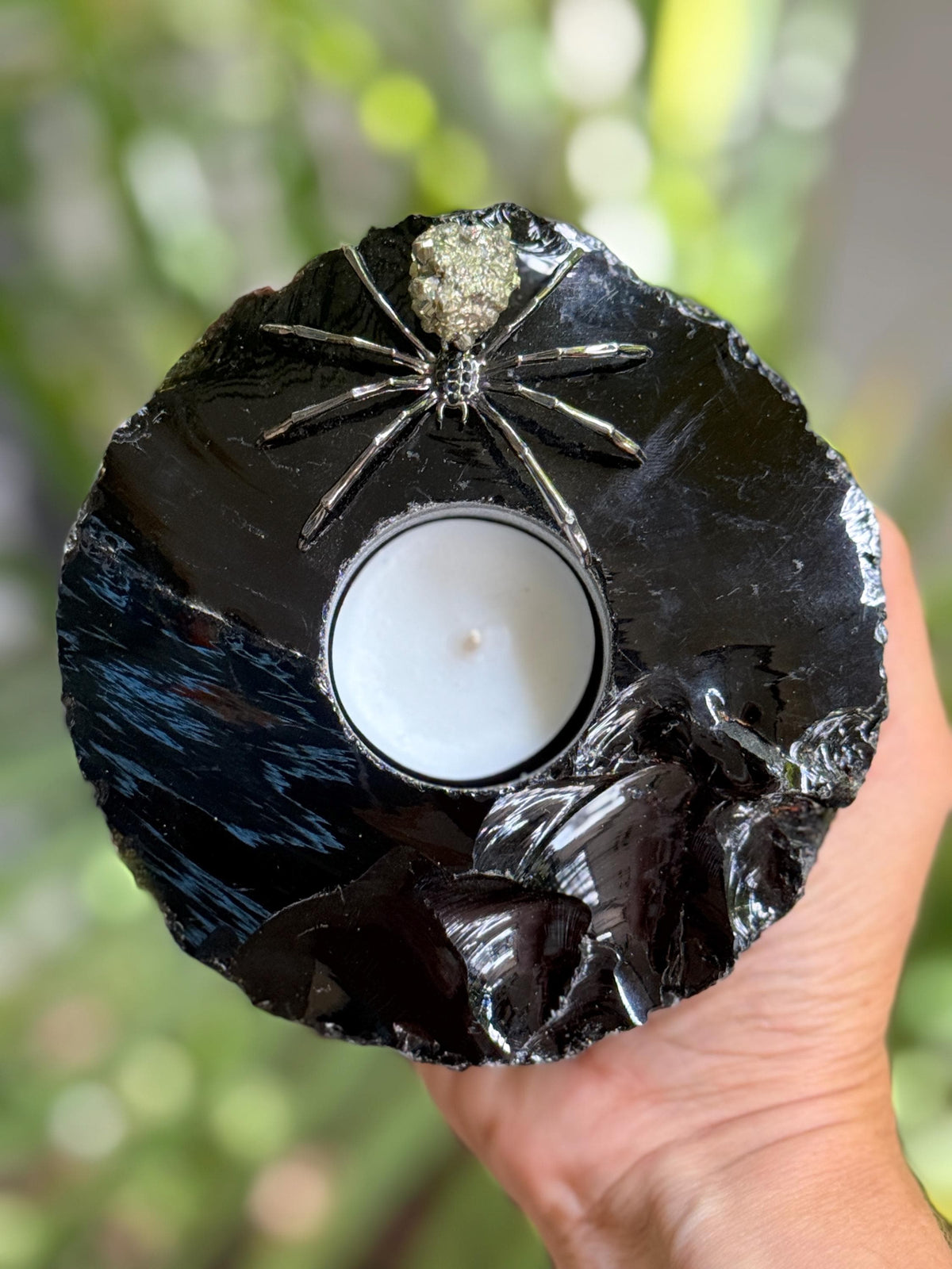 Obsidian Candle Holder with Pyrite Spider | Gothic Crystal Decor | Black Obsidian Tea Light Holder | Halloween Decor | Witchy Gift