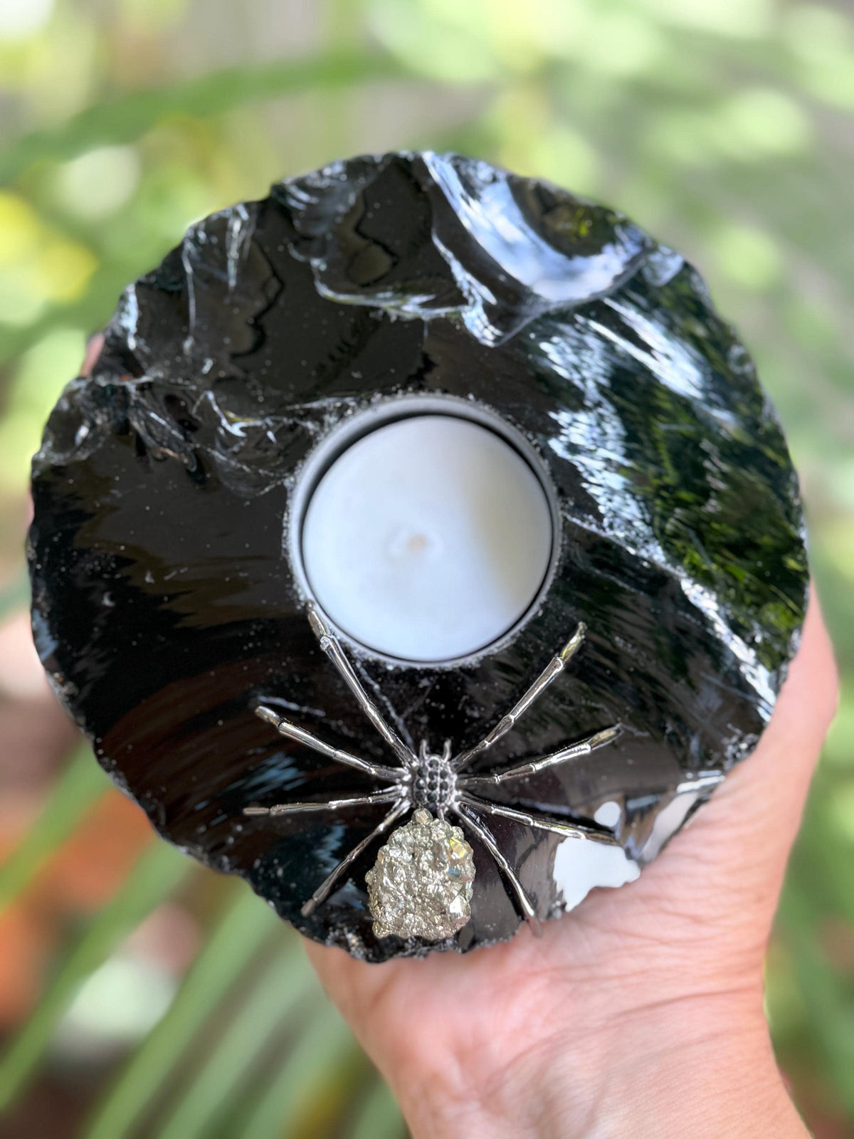Obsidian Candle Holder with Pyrite Spider | Gothic Crystal Decor | Black Obsidian Tea Light Holder | Halloween Decor | Witchy Gift