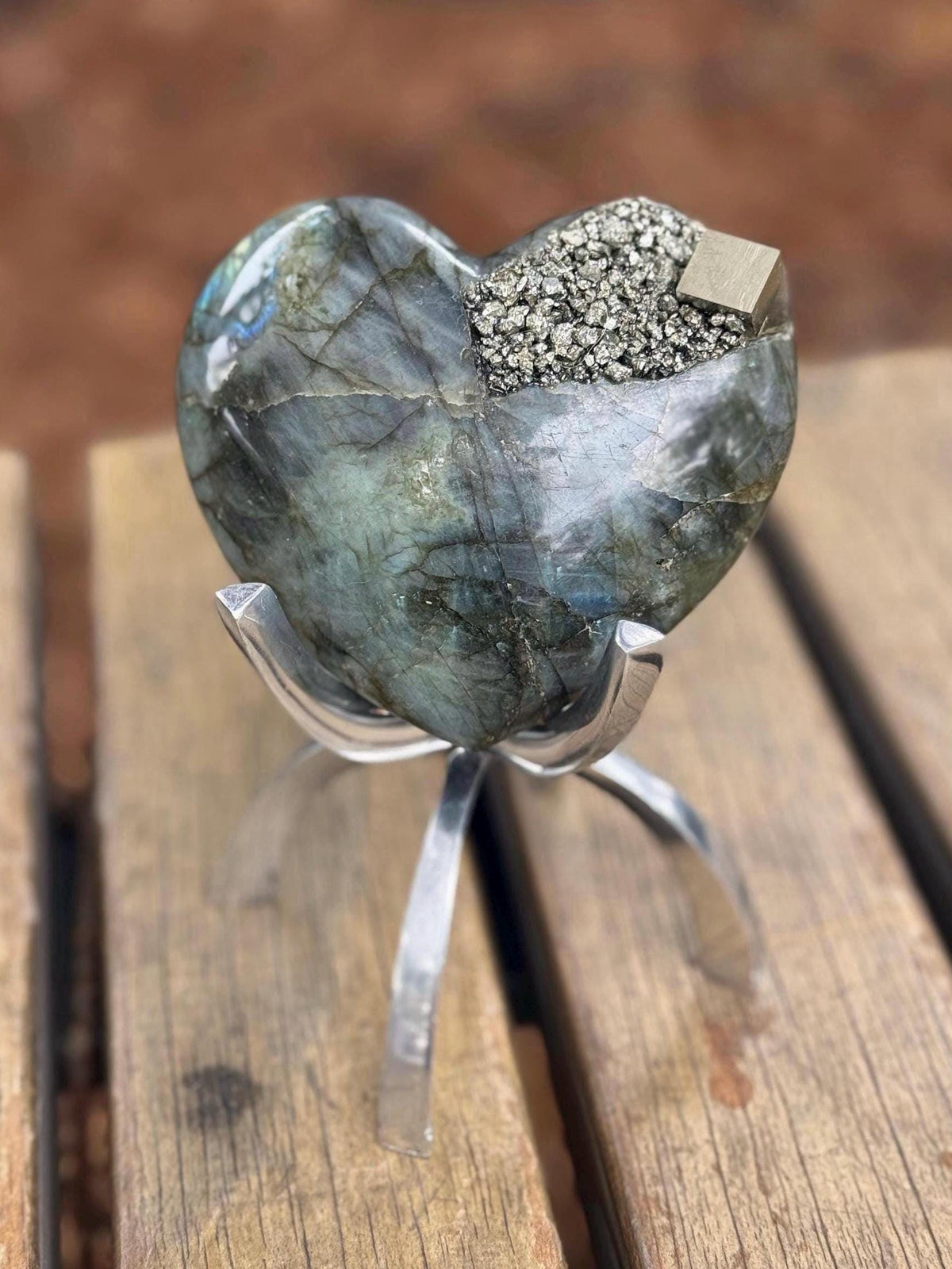 Flashy Labradorite Heart with Pyrite on Stand | One of a Kind Crystal Heart | Healing Crystal Decor | Manifestation Stone Gift