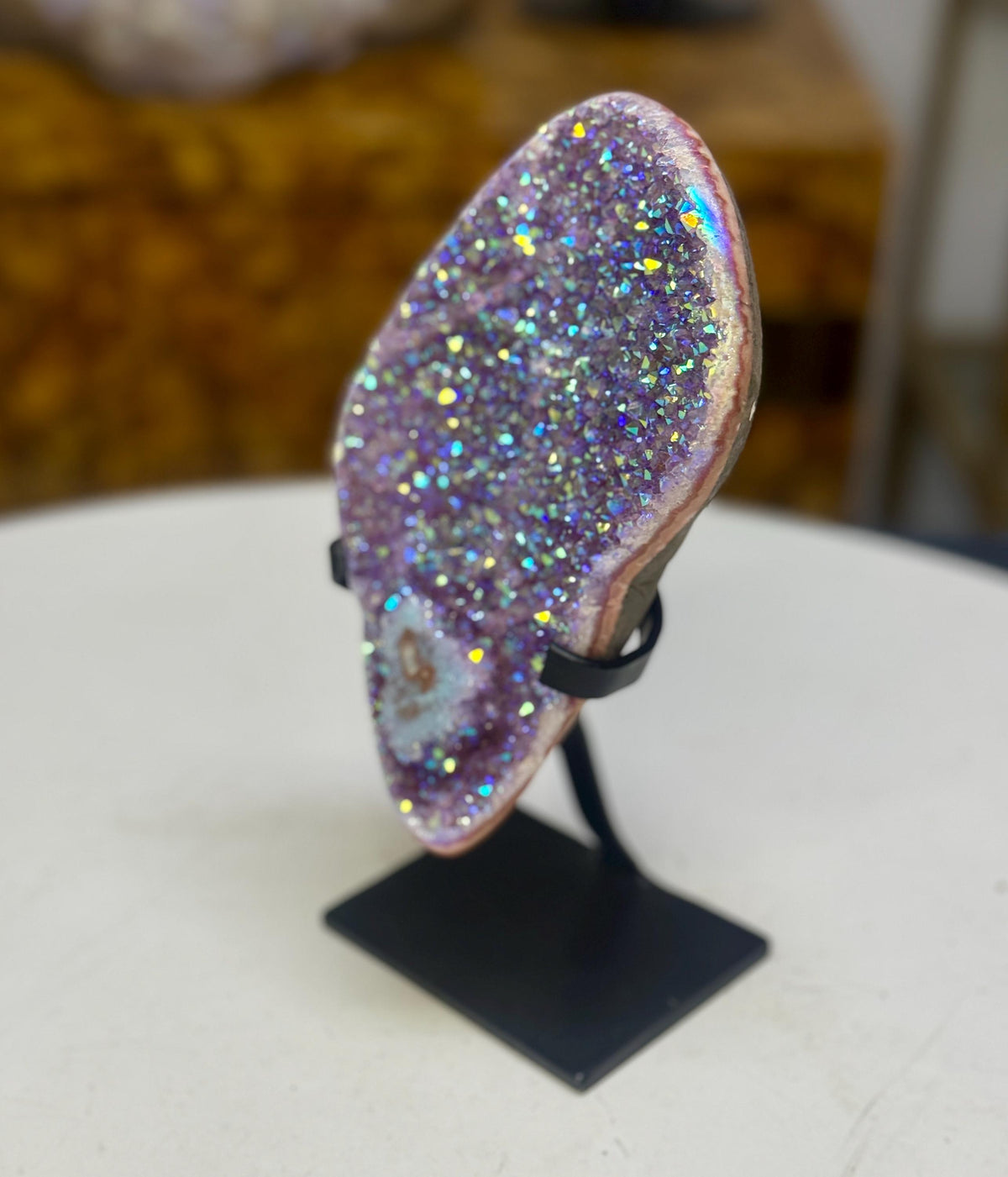 Aura Amethyst Stalactite on Stand | Rainbow Amethyst Druzy | Amethyst Stalactite Slice | Aura Crystal Decor | Statement Crystal
