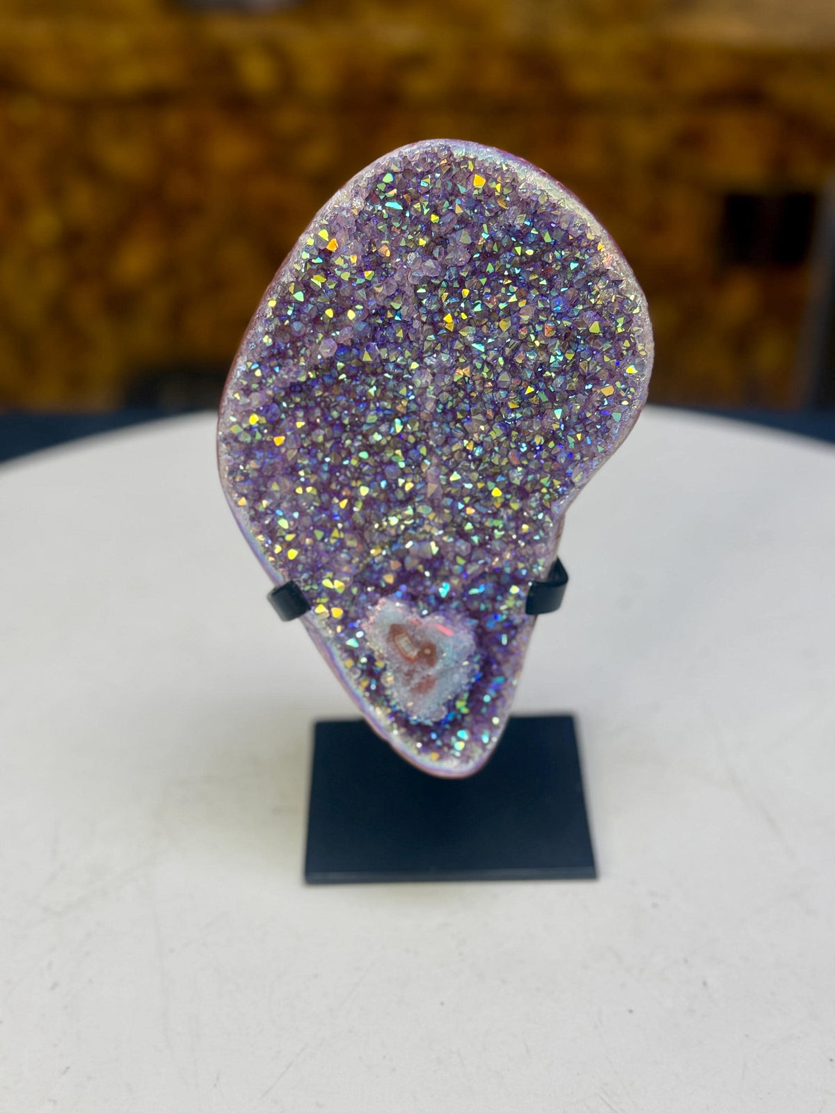 Aura Amethyst Stalactite on Stand | Rainbow Amethyst Druzy | Amethyst Stalactite Slice | Aura Crystal Decor | Statement Crystal