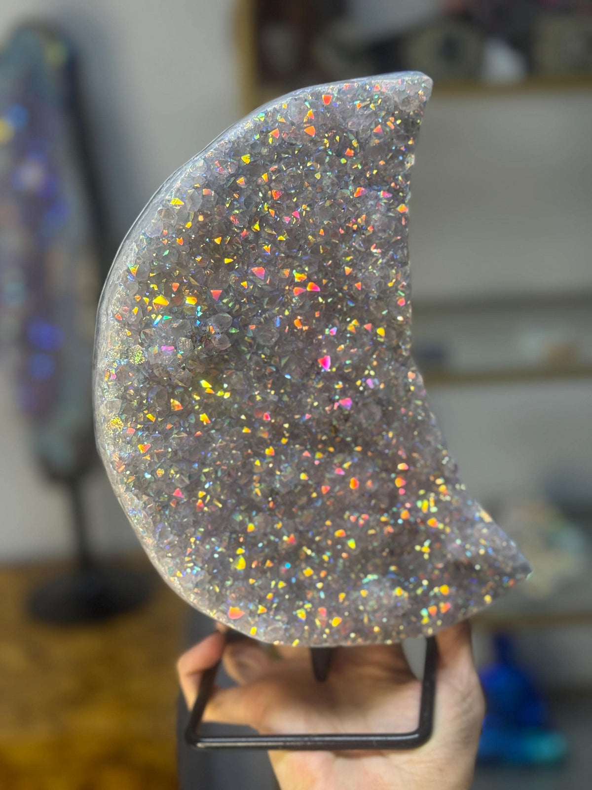 Angel Aura Amethyst Crescent Moon, Aura Moon on Stand, Aura Crystals, Crystal Home Decor