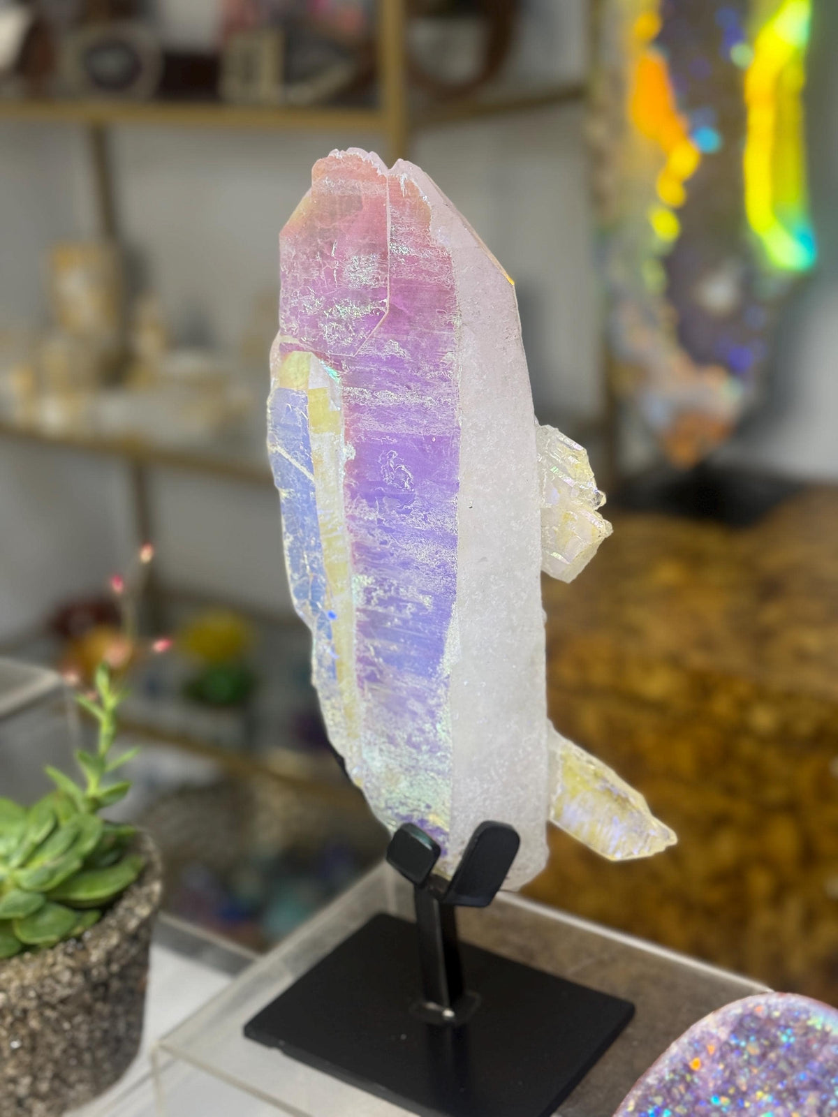 Aura Quartz Shard on Stand, Iridescent Angel Aura Quartz Crystal, Rainbow Quartz Sculpture, Luxury Crystal Decor, Statement Crystal